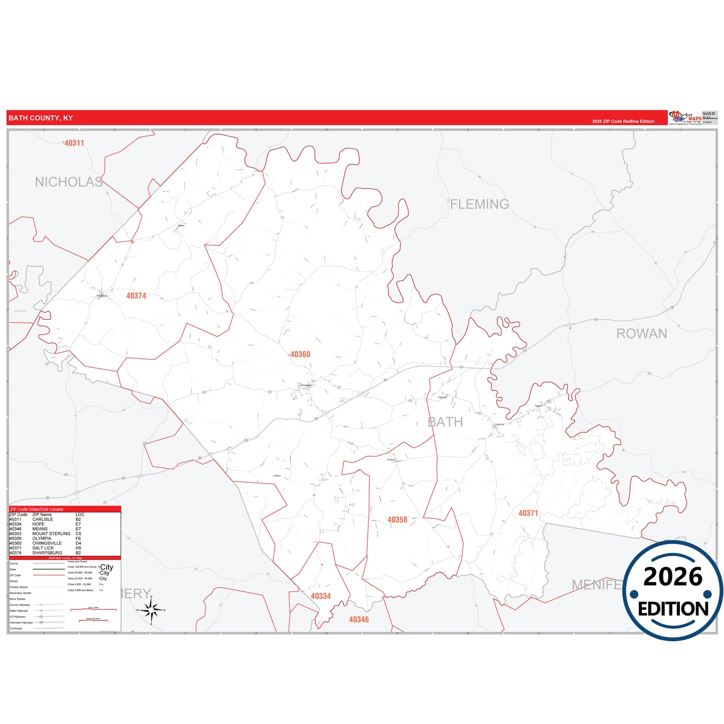Bath County, KY Red Line 5 Digit ZIP Code Wall Map