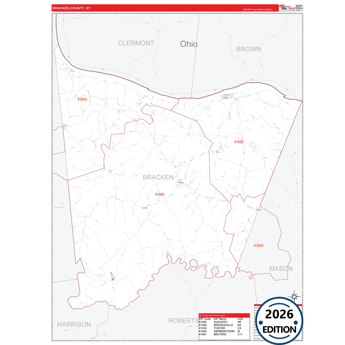 Bracken County, KY Red Line 5 Digit ZIP Code Wall Map