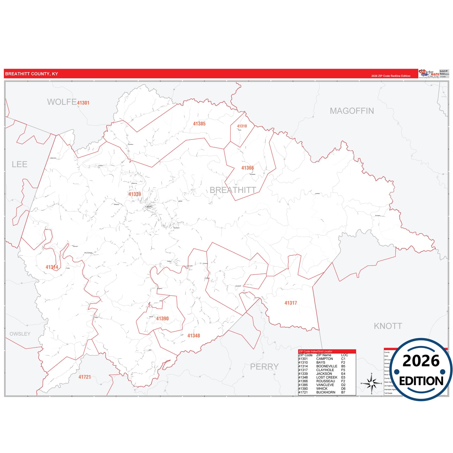 Breathitt County, KY Red Line 5 Digit ZIP Code Wall Map