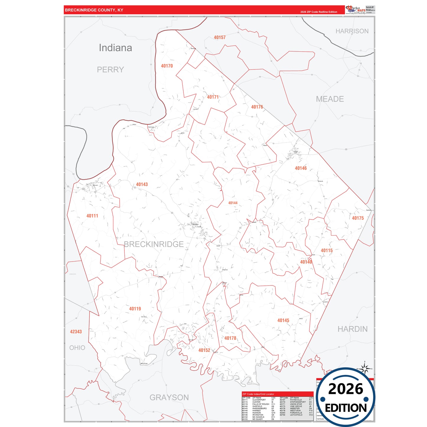 Breckinridge County, KY Red Line 5 Digit ZIP Code Wall Map