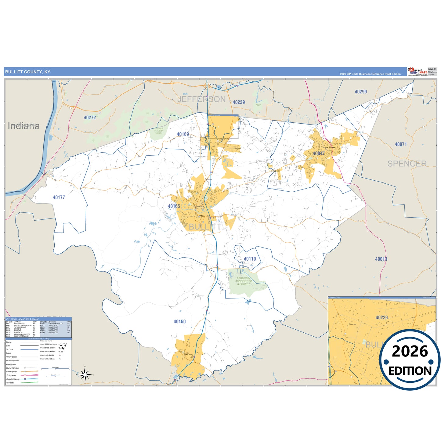Bullitt County, KY Business Reference 5 Digit ZIP Code Wall Map