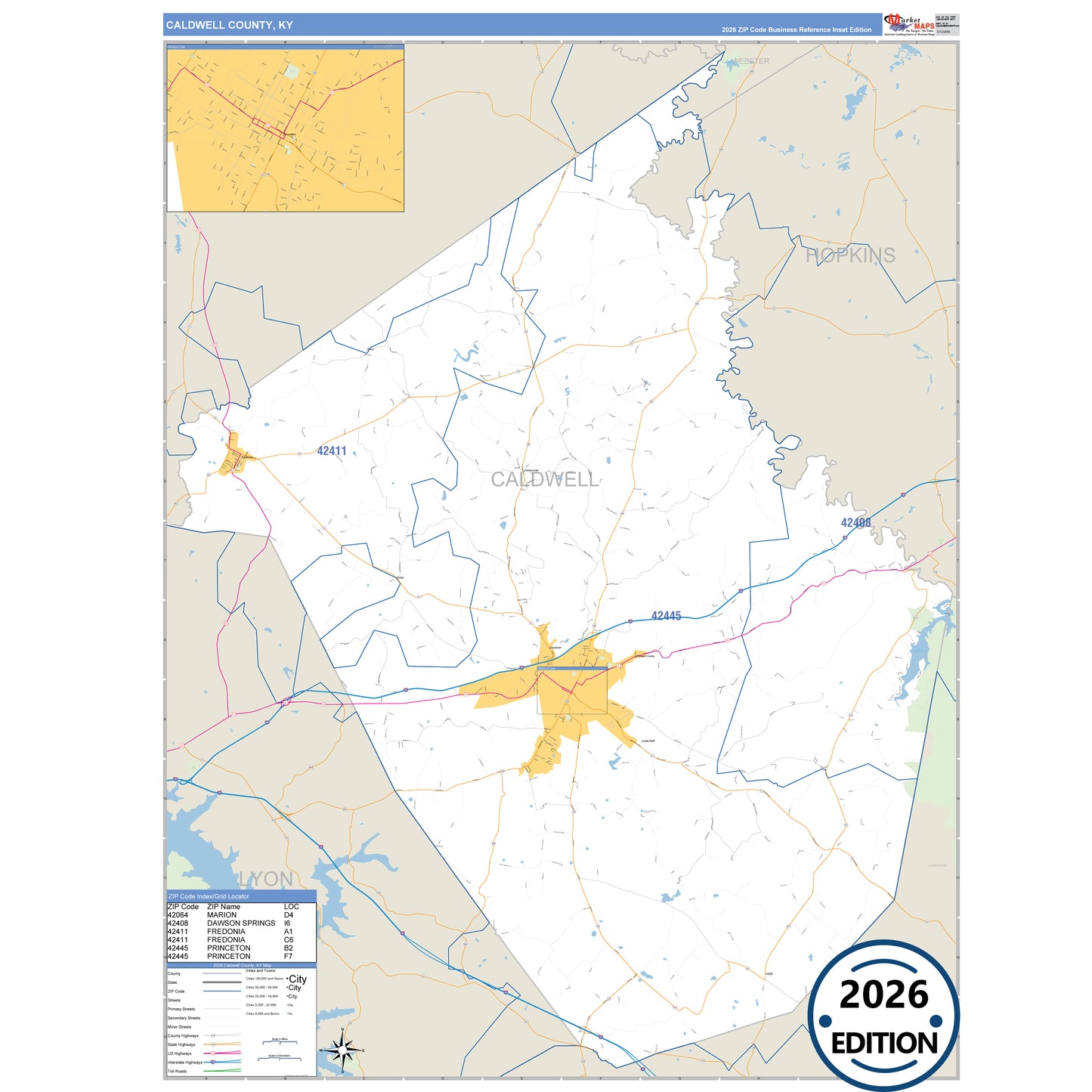 Caldwell County, KY Business Reference 5 Digit ZIP Code Wall Map