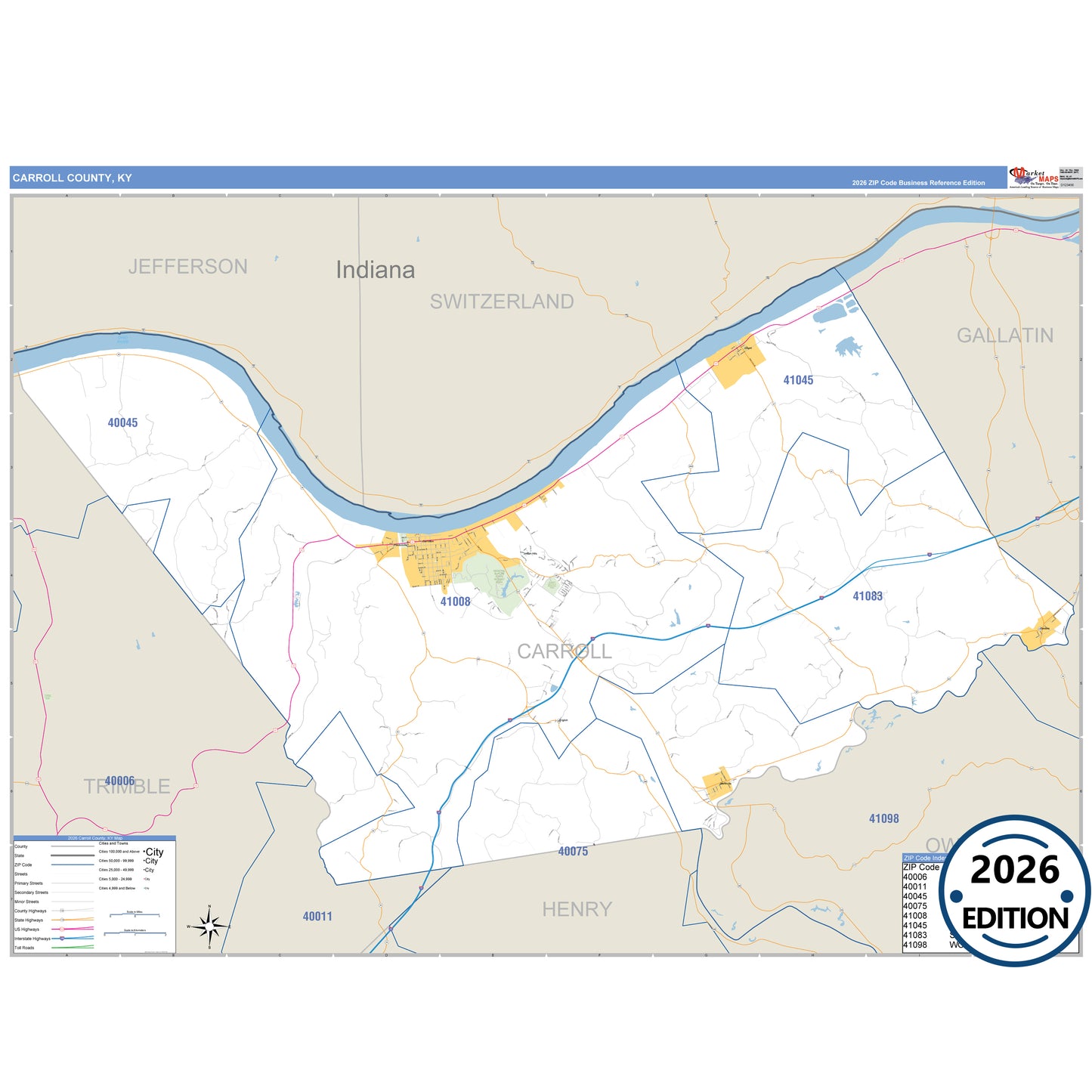 Carroll County, KY Business Reference 5 Digit ZIP Code Wall Map