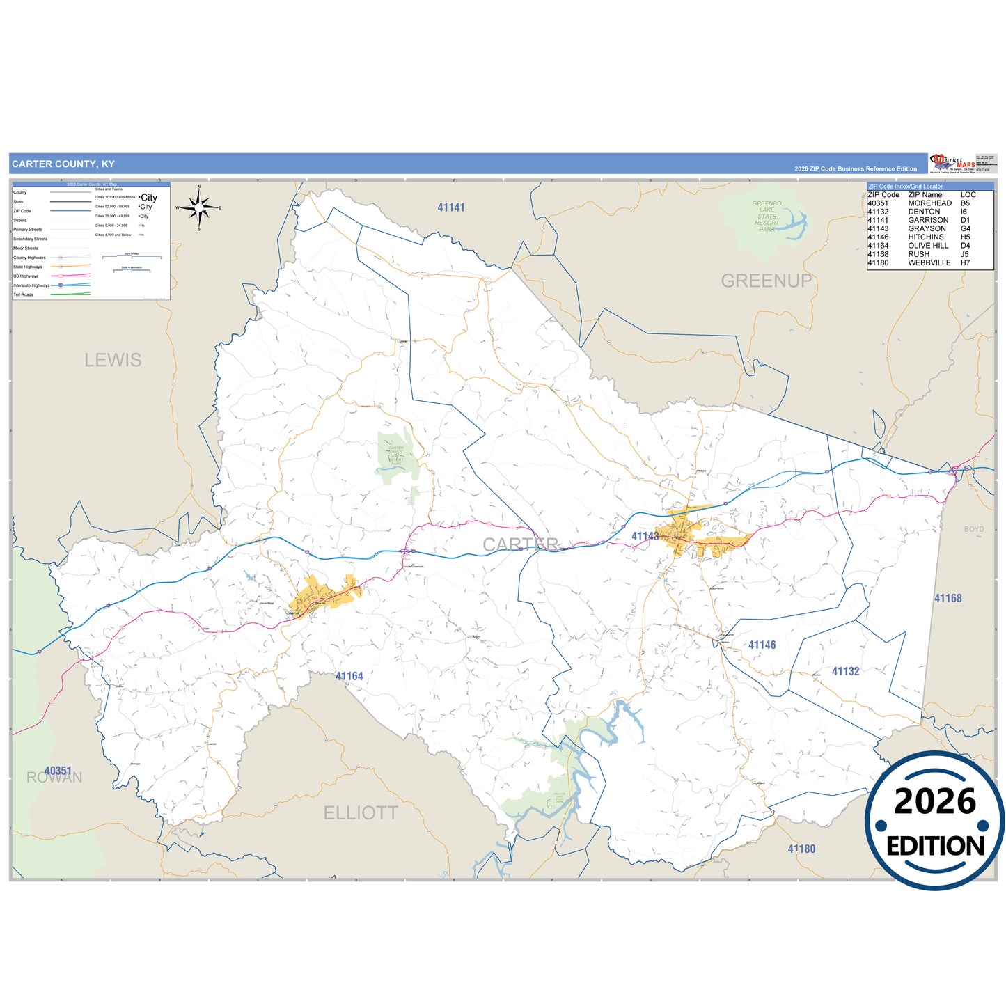 Carter County, KY Business Reference 5 Digit ZIP Code Wall Map
