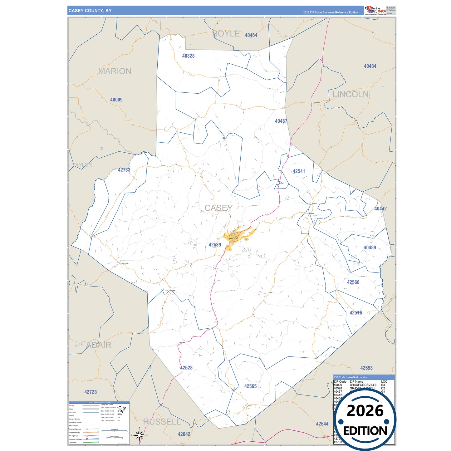 Casey County, KY Business Reference 5 Digit ZIP Code Wall Map