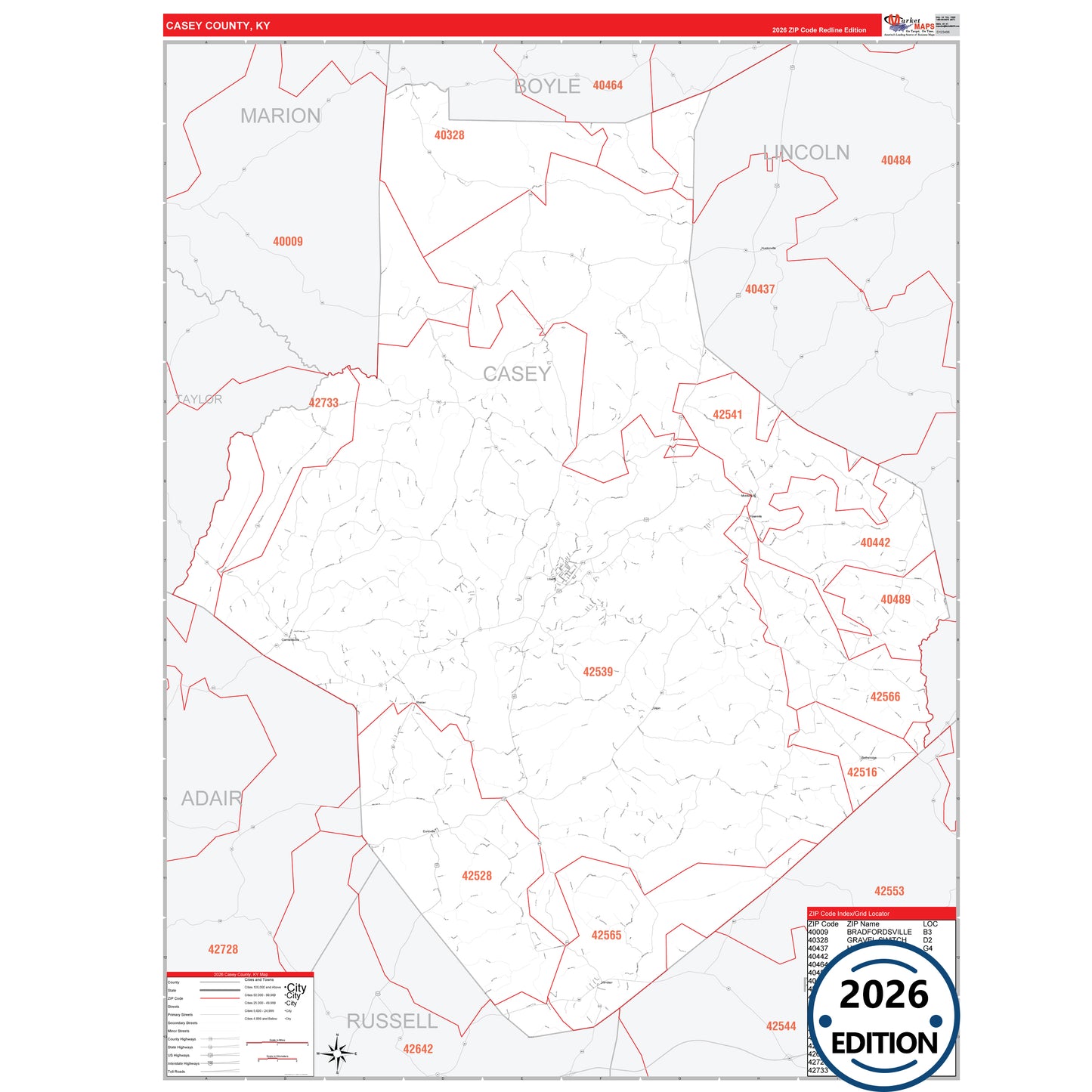 Casey County, KY Red Line 5 Digit ZIP Code Wall Map