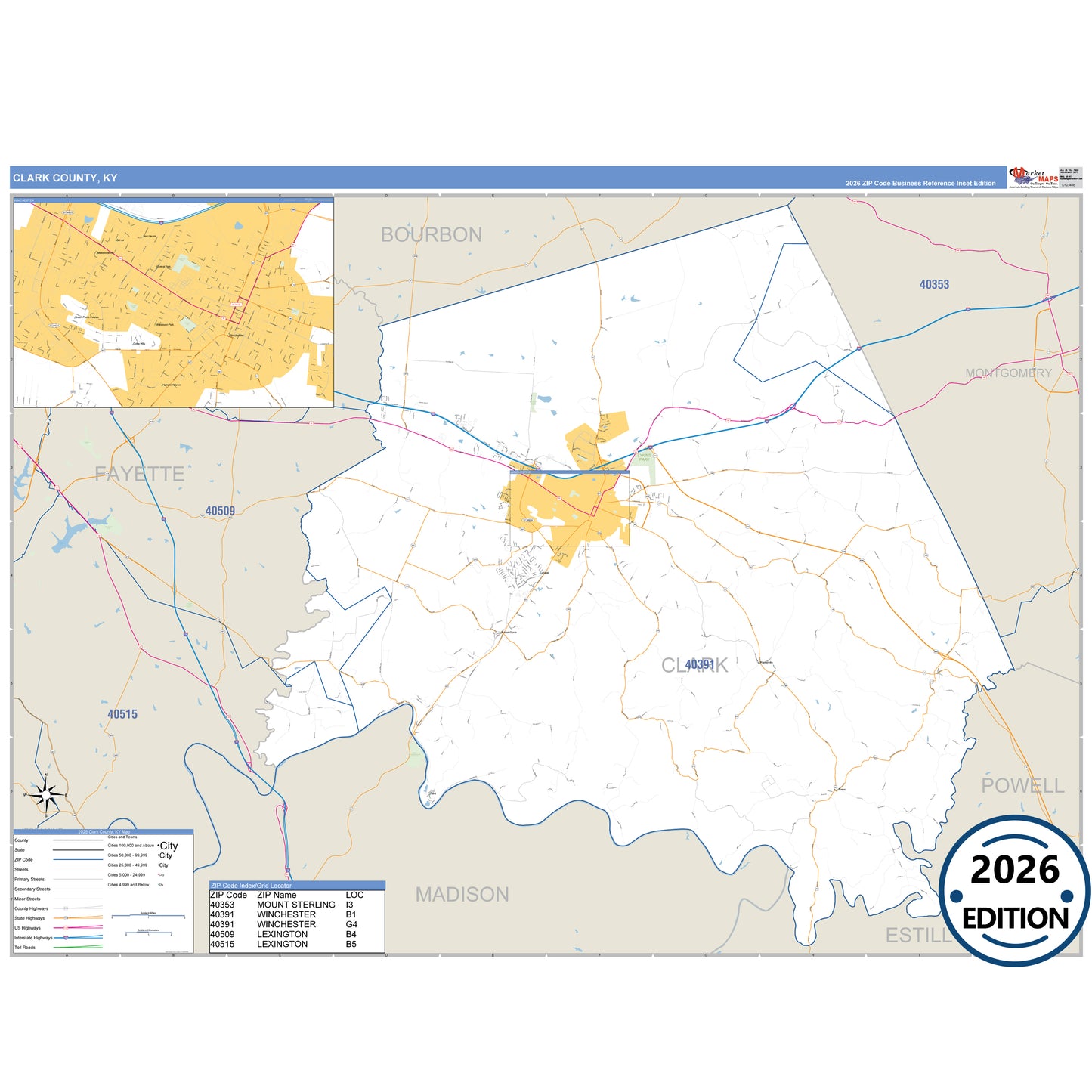 Clark County, KY Business Reference 5 Digit ZIP Code Wall Map