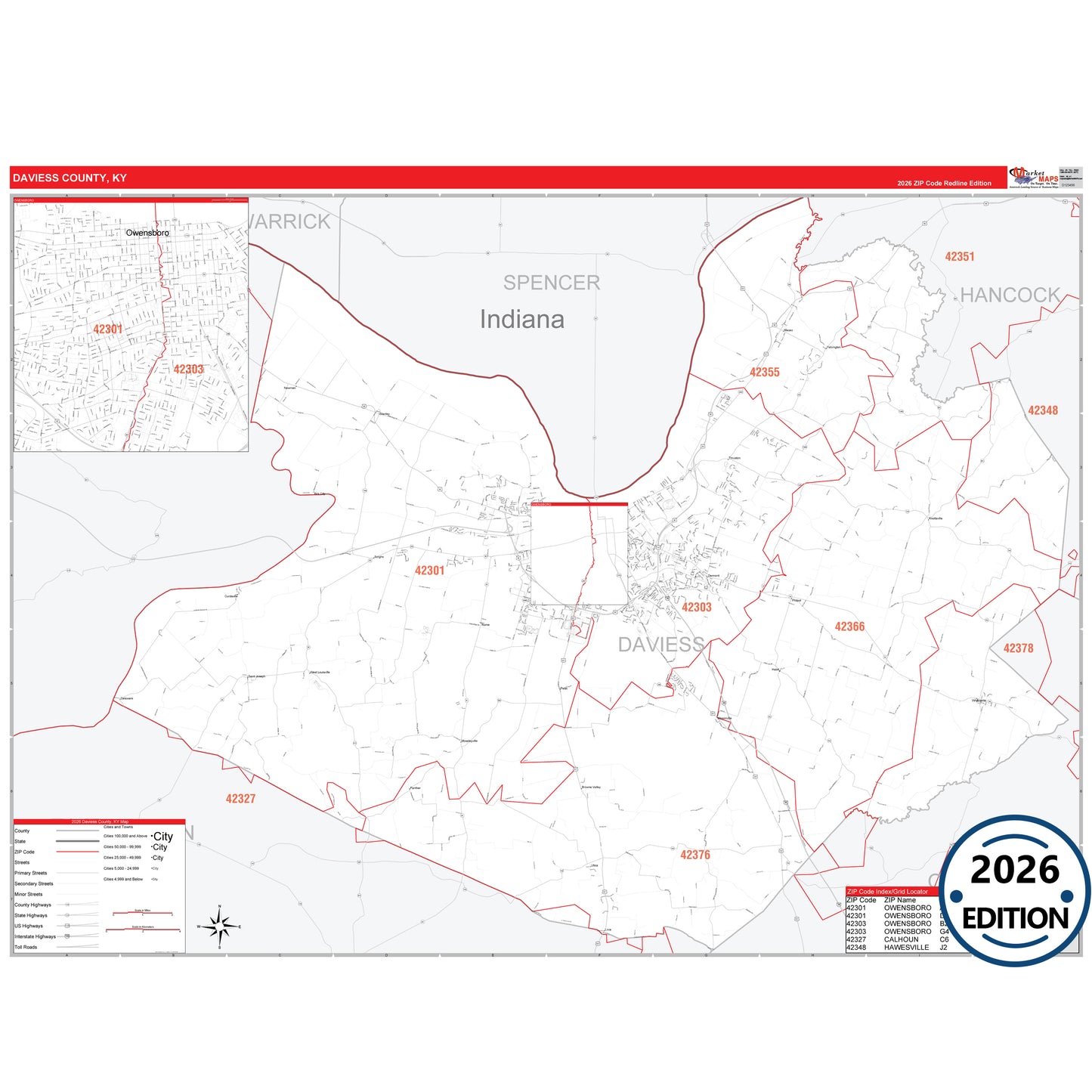 Daviess County, KY Red Line 5 Digit ZIP Code Wall Map