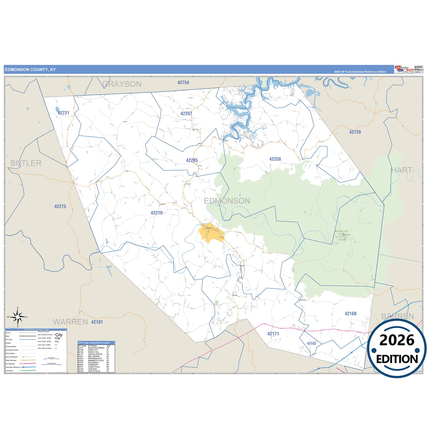 Edmonson County, KY Business Reference 5 Digit ZIP Code Wall Map