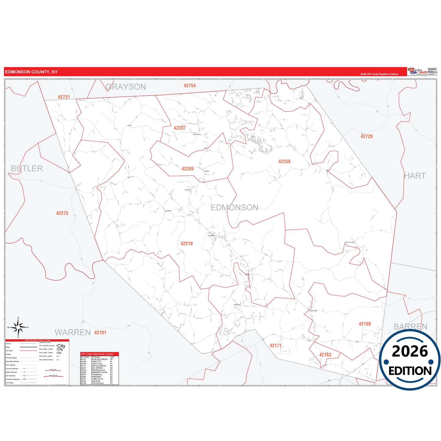 Edmonson County, KY Red Line 5 Digit ZIP Code Wall Map