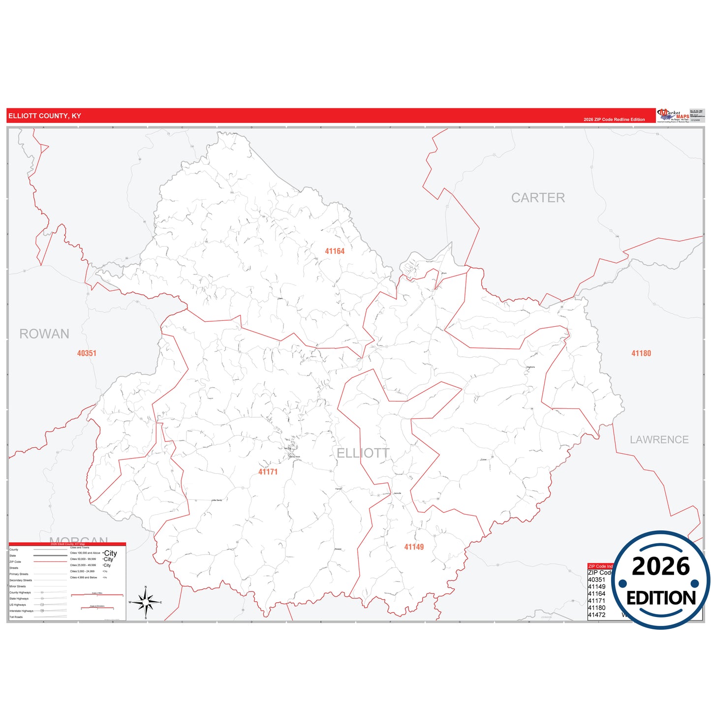 Elliott County, KY Red Line 5 Digit ZIP Code Wall Map