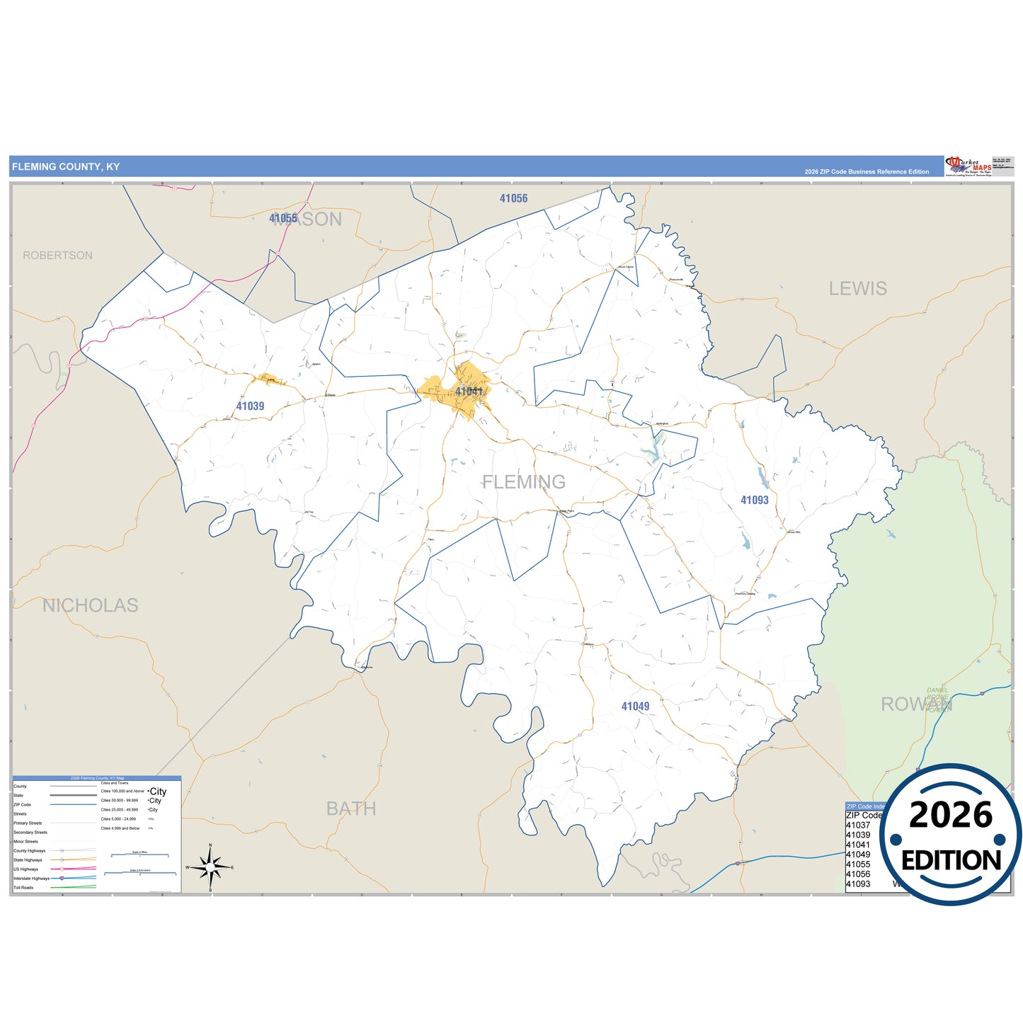 Fleming County, KY Business Reference 5 Digit ZIP Code Wall Map