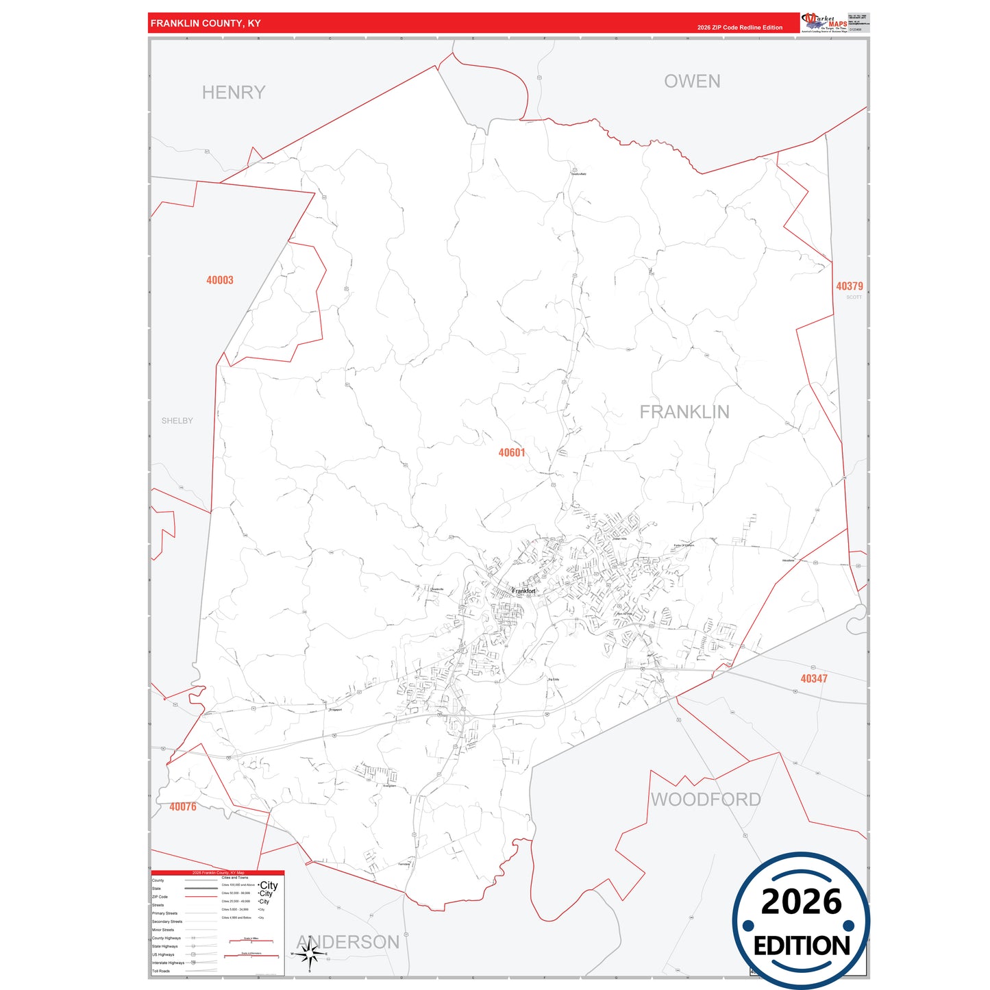 Franklin County, KY Red Line 5 Digit ZIP Code Wall Map