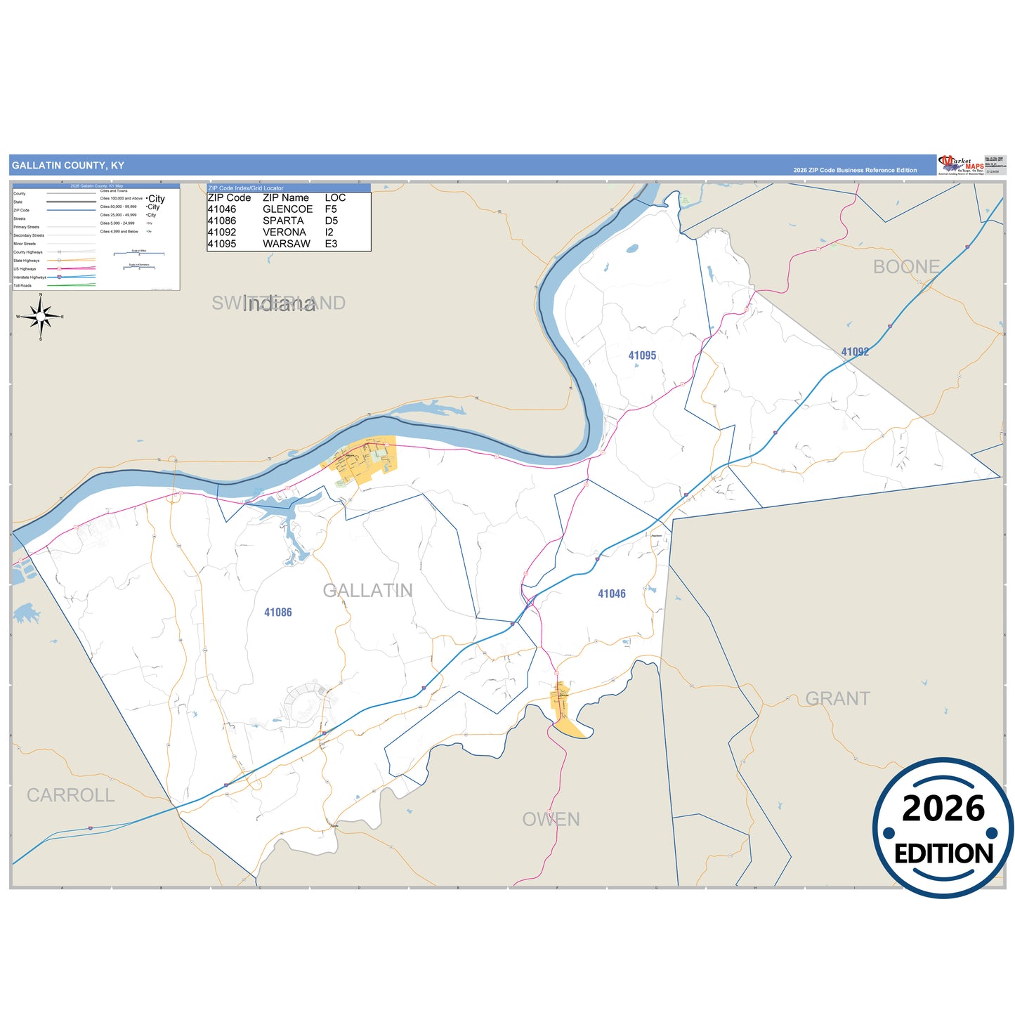 Gallatin County, KY Business Reference 5 Digit ZIP Code Wall Map