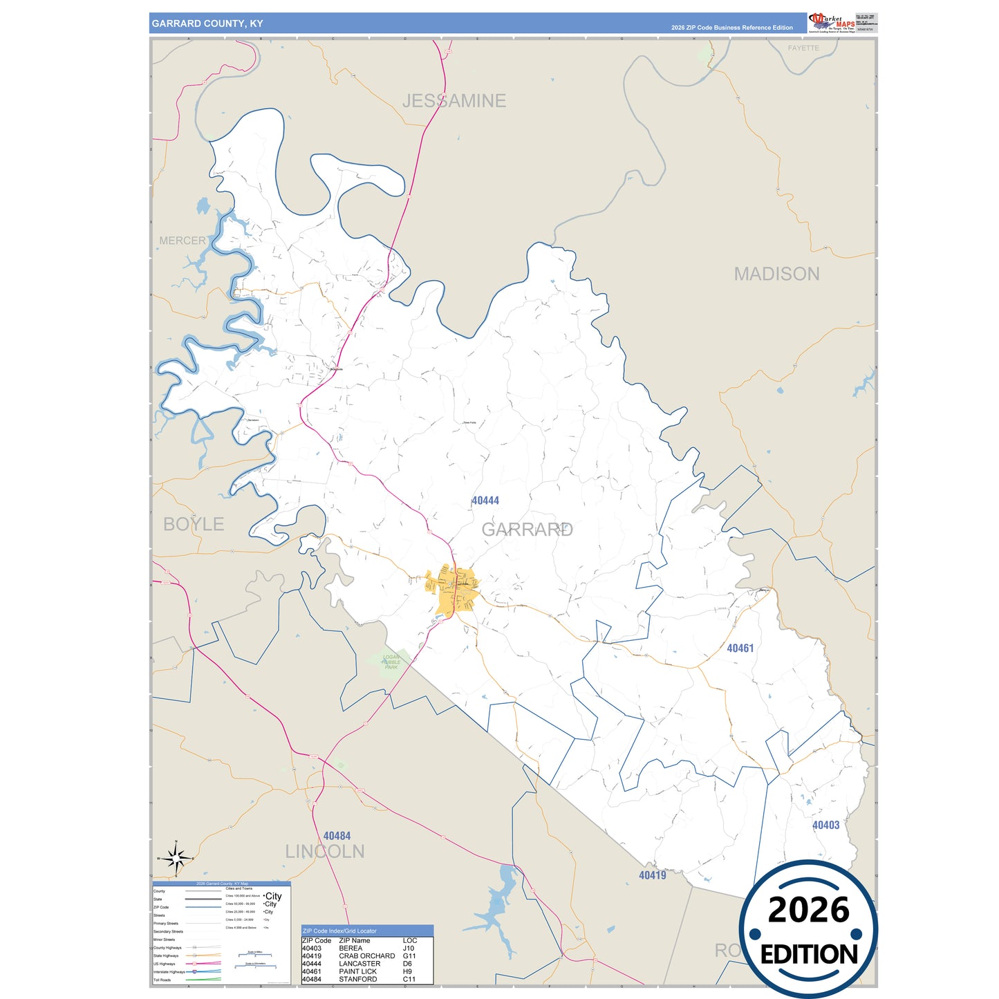 Garrard County, KY Business Reference 5 Digit ZIP Code Wall Map