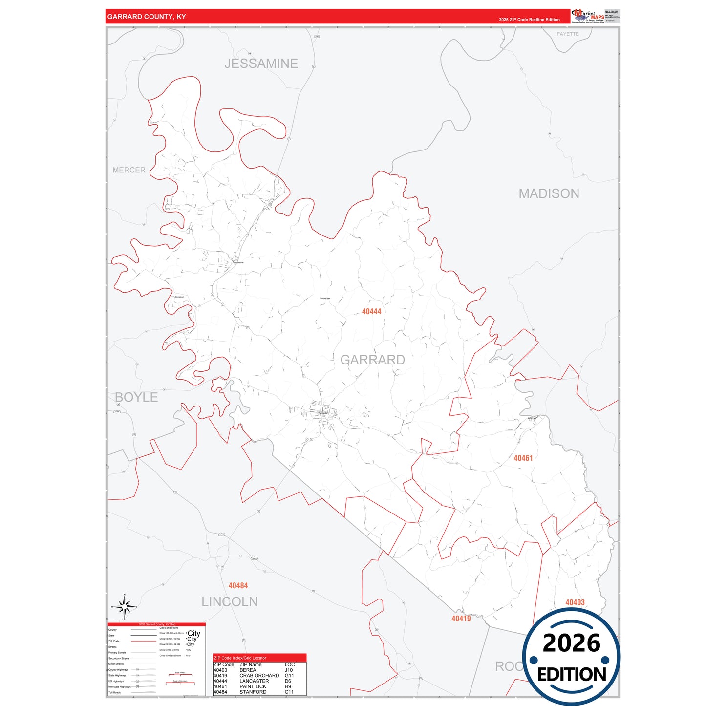 Garrard County, KY Red Line 5 Digit ZIP Code Wall Map