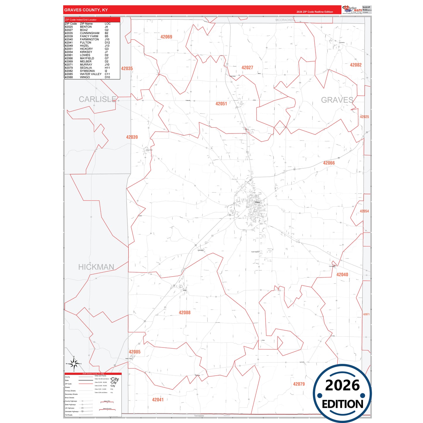 Graves County, KY Red Line 5 Digit ZIP Code Wall Map