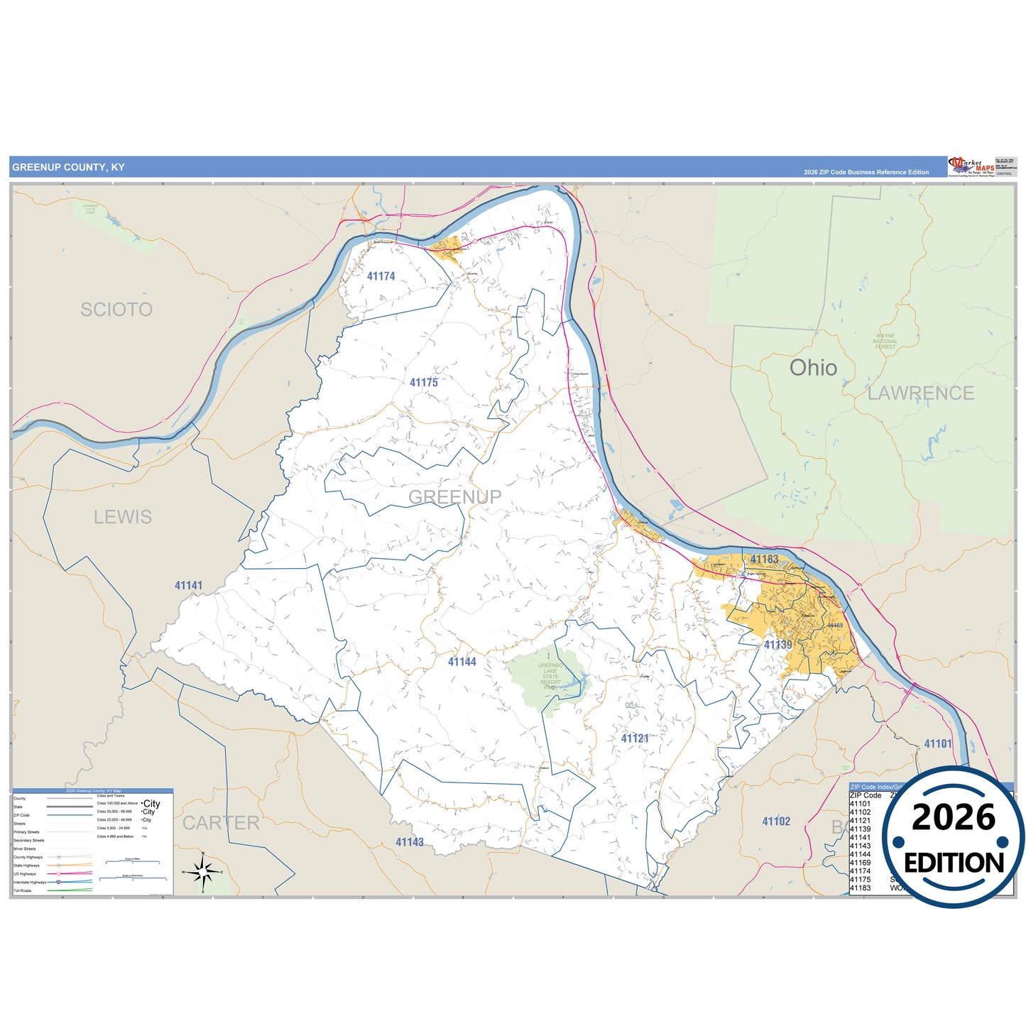 Greenup County, KY Business Reference 5 Digit ZIP Code Wall Map
