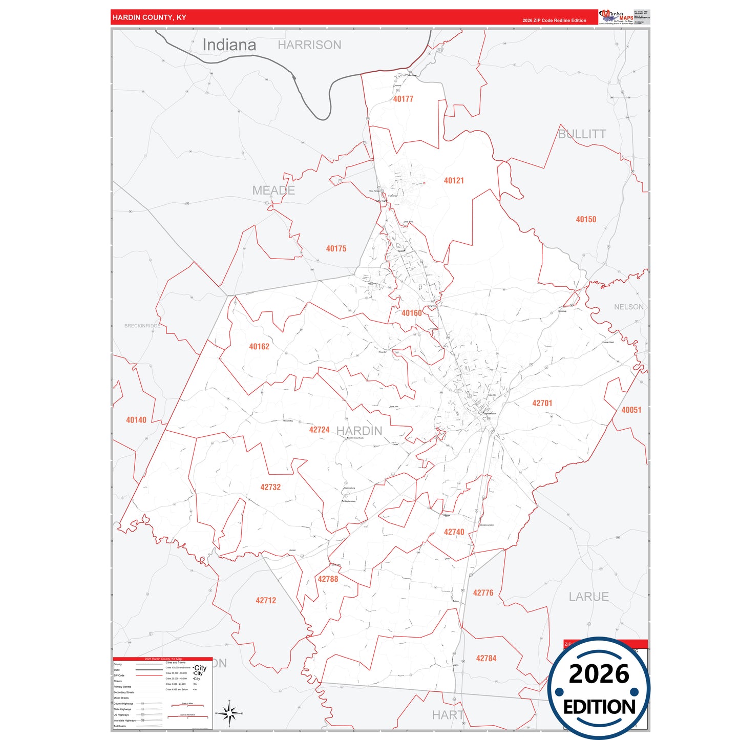 Hardin County, KY Red Line 5 Digit ZIP Code Wall Map