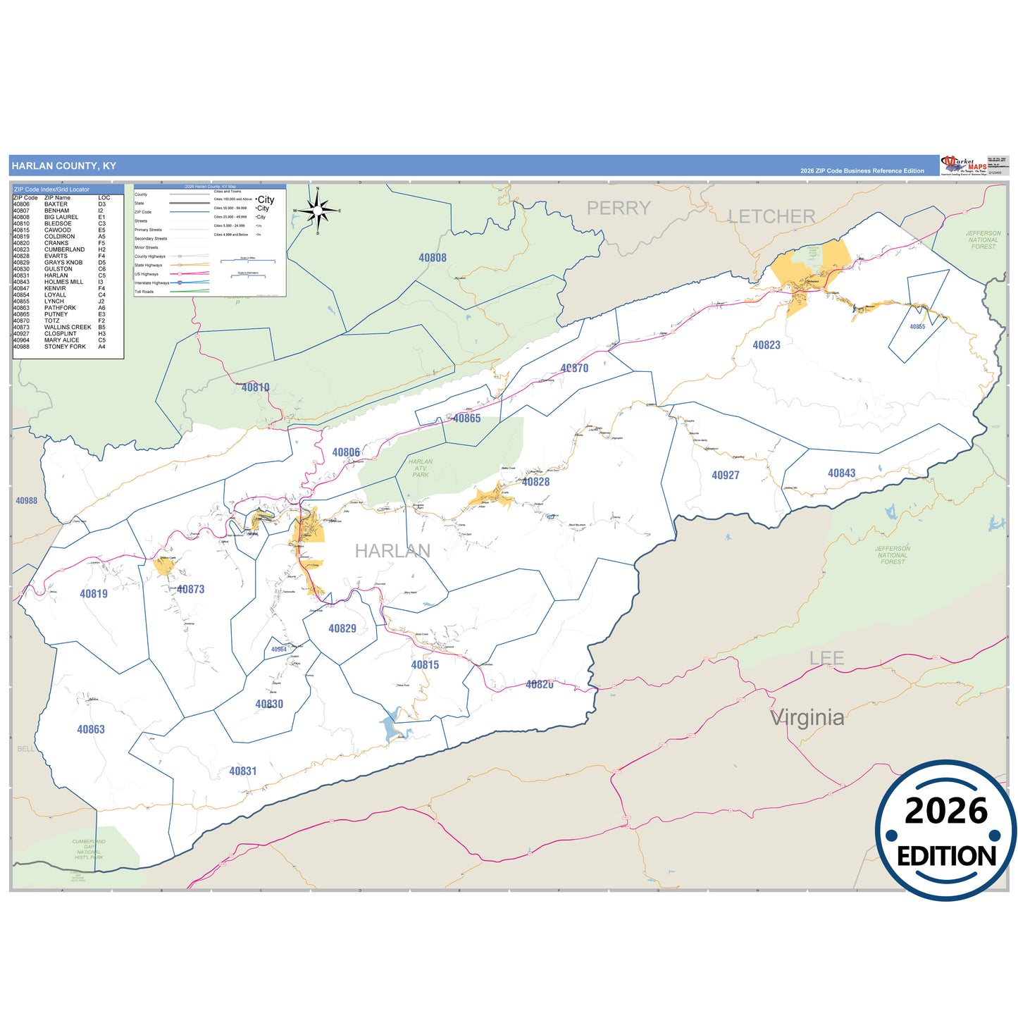 Harlan County, KY Business Reference 5 Digit ZIP Code Wall Map