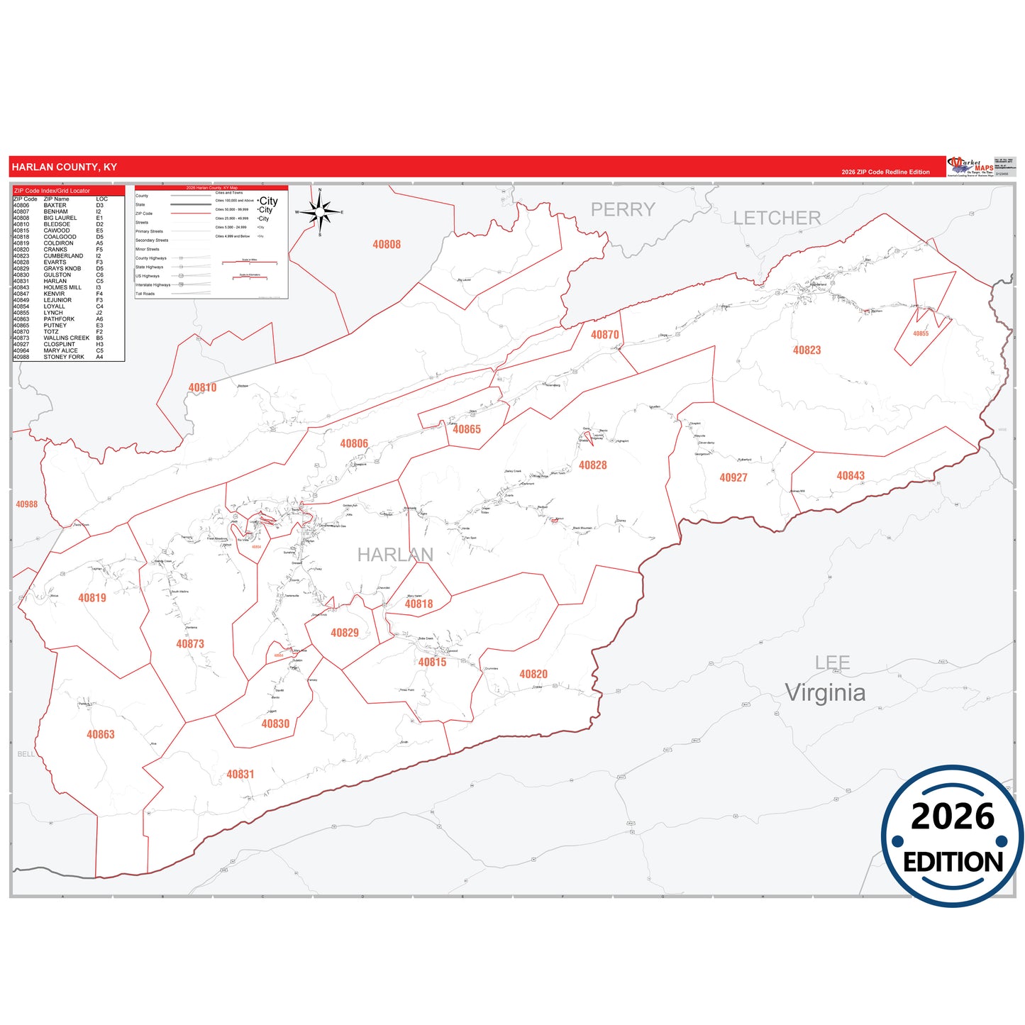 Harlan County, KY Red Line 5 Digit ZIP Code Wall Map