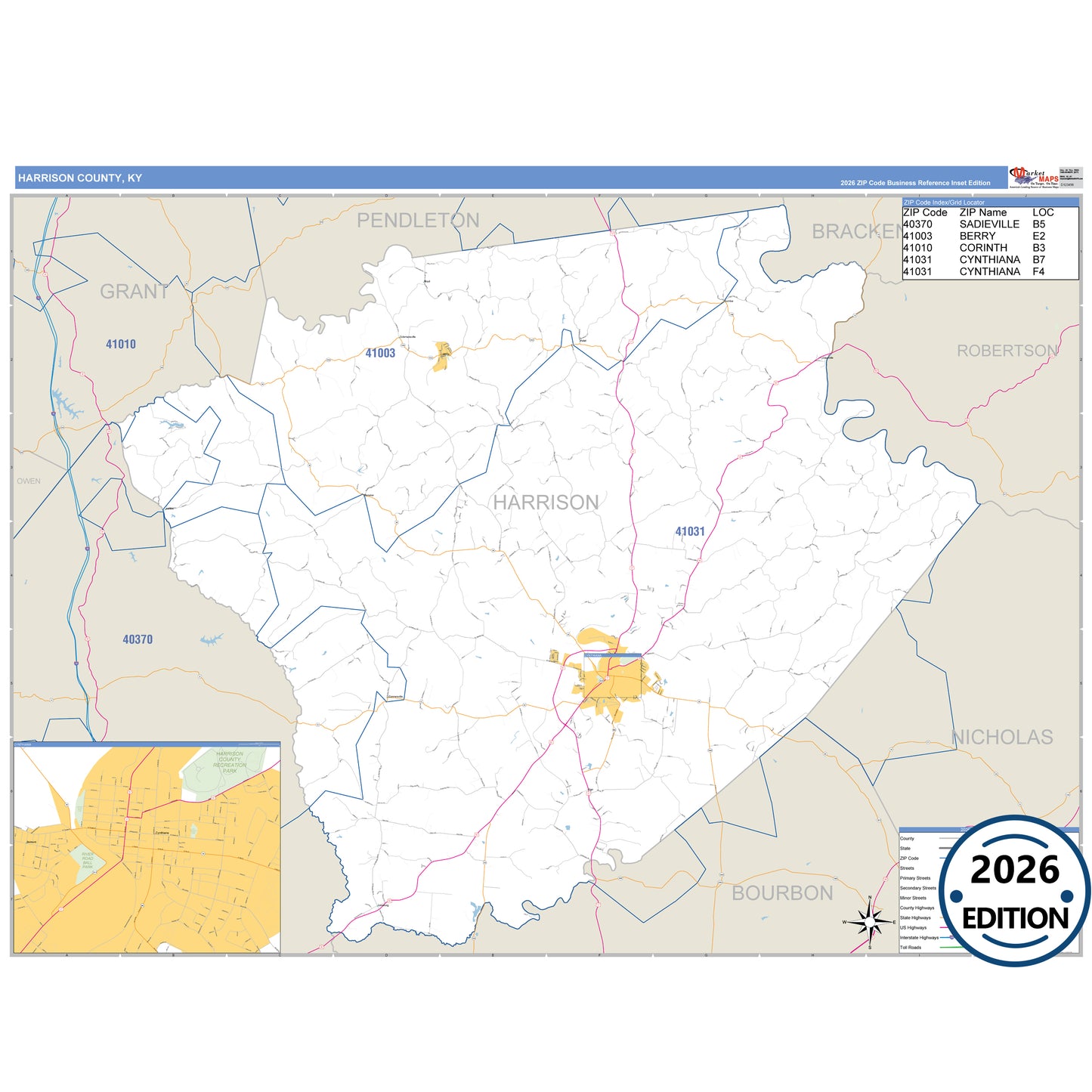 Harrison County, KY Business Reference 5 Digit ZIP Code Wall Map