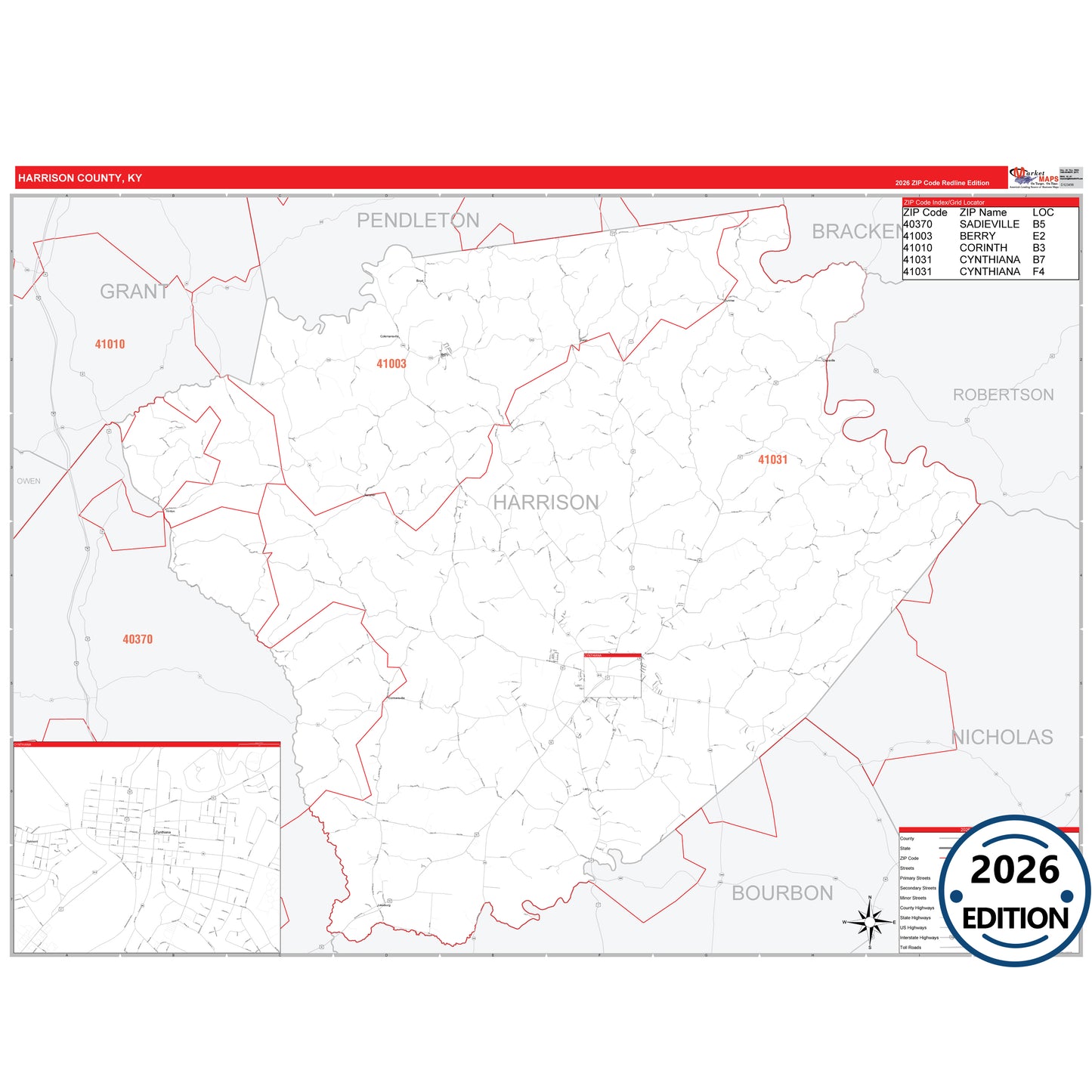 Harrison County, KY Red Line 5 Digit ZIP Code Wall Map