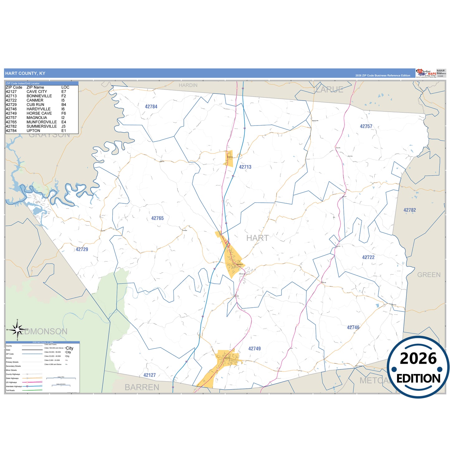 Hart County, KY Business Reference 5 Digit ZIP Code Wall Map