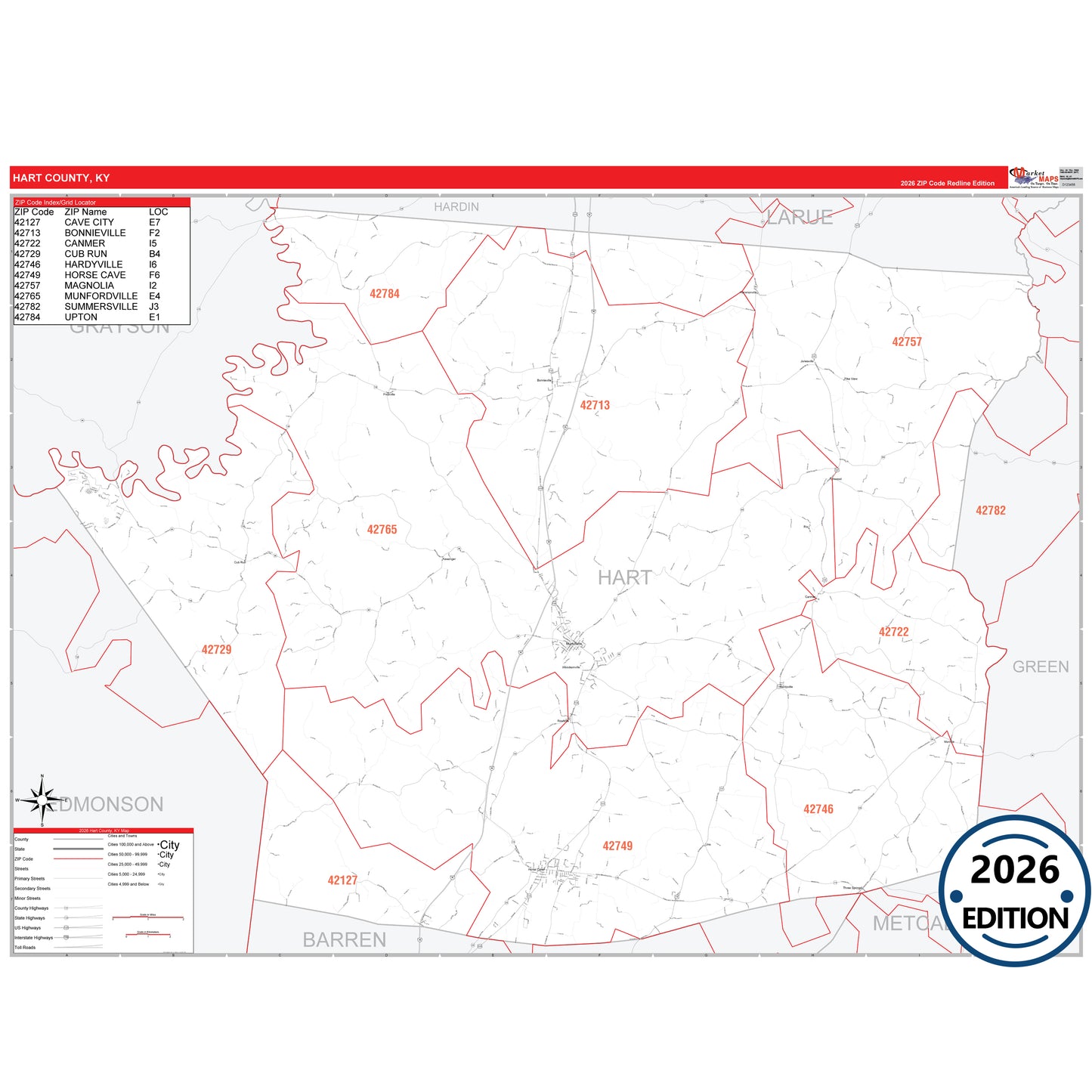 Hart County, KY Red Line 5 Digit ZIP Code Wall Map
