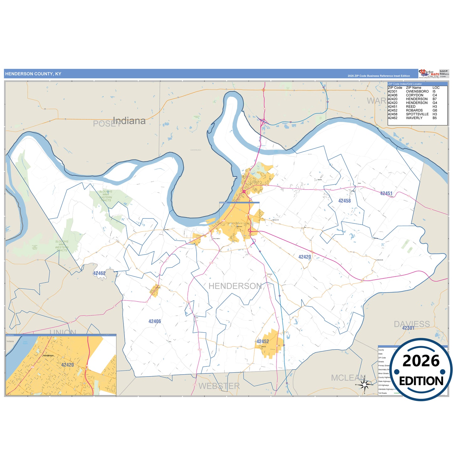 Henderson County, KY Business Reference 5 Digit ZIP Code Wall Map