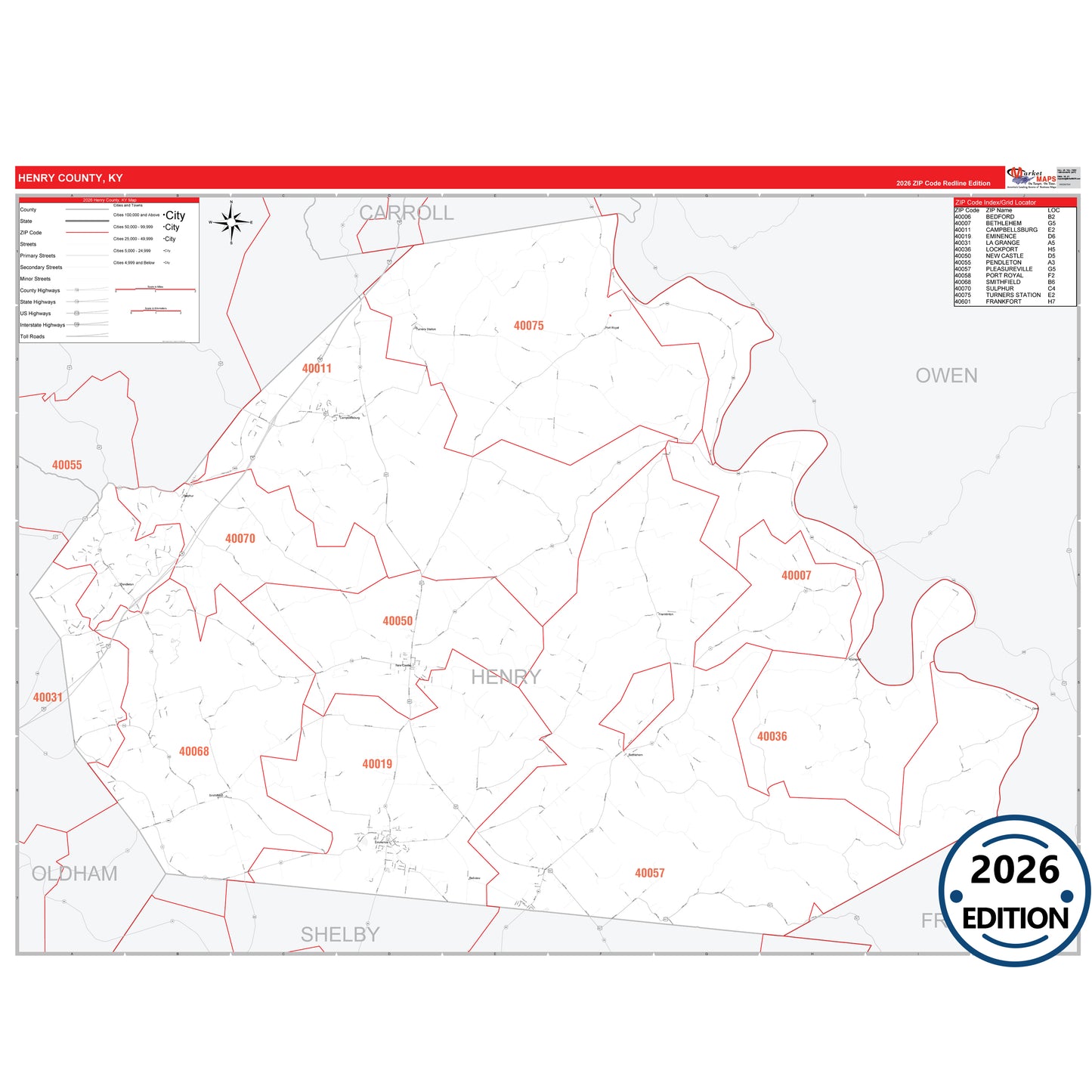 Henry County, KY Red Line 5 Digit ZIP Code Wall Map