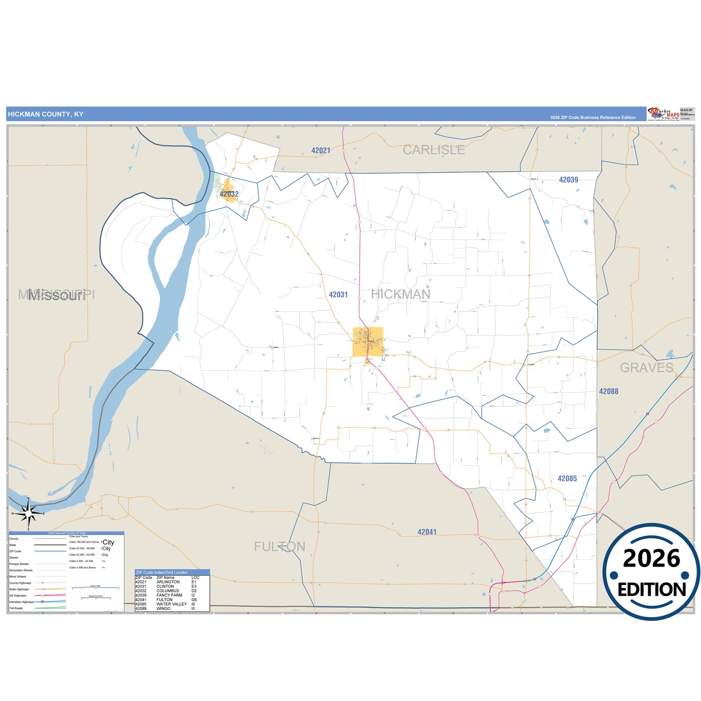 Hickman County, KY Business Reference 5 Digit ZIP Code Wall Map