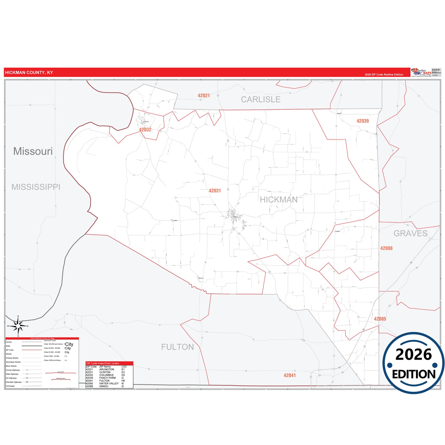 Hickman County, KY Red Line 5 Digit ZIP Code Wall Map