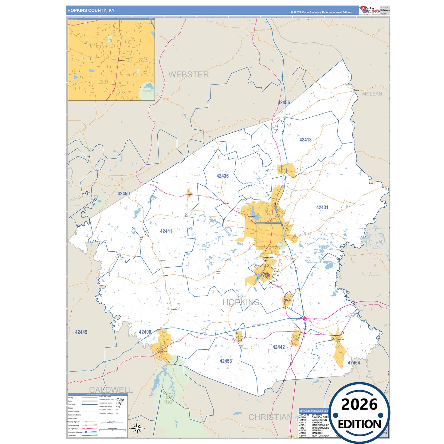 Hopkins County, KY Business Reference 5 Digit ZIP Code Wall Map