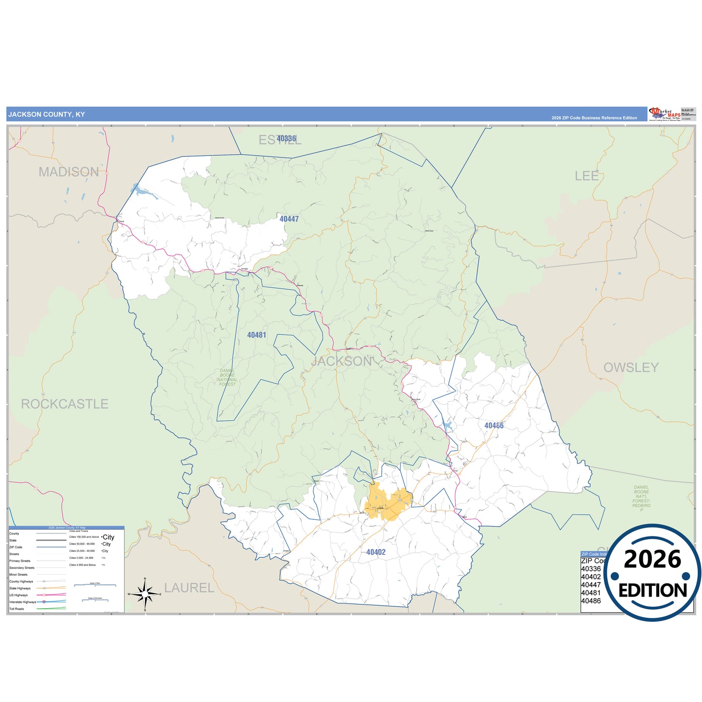 Jackson County, KY Business Reference 5 Digit ZIP Code Wall Map