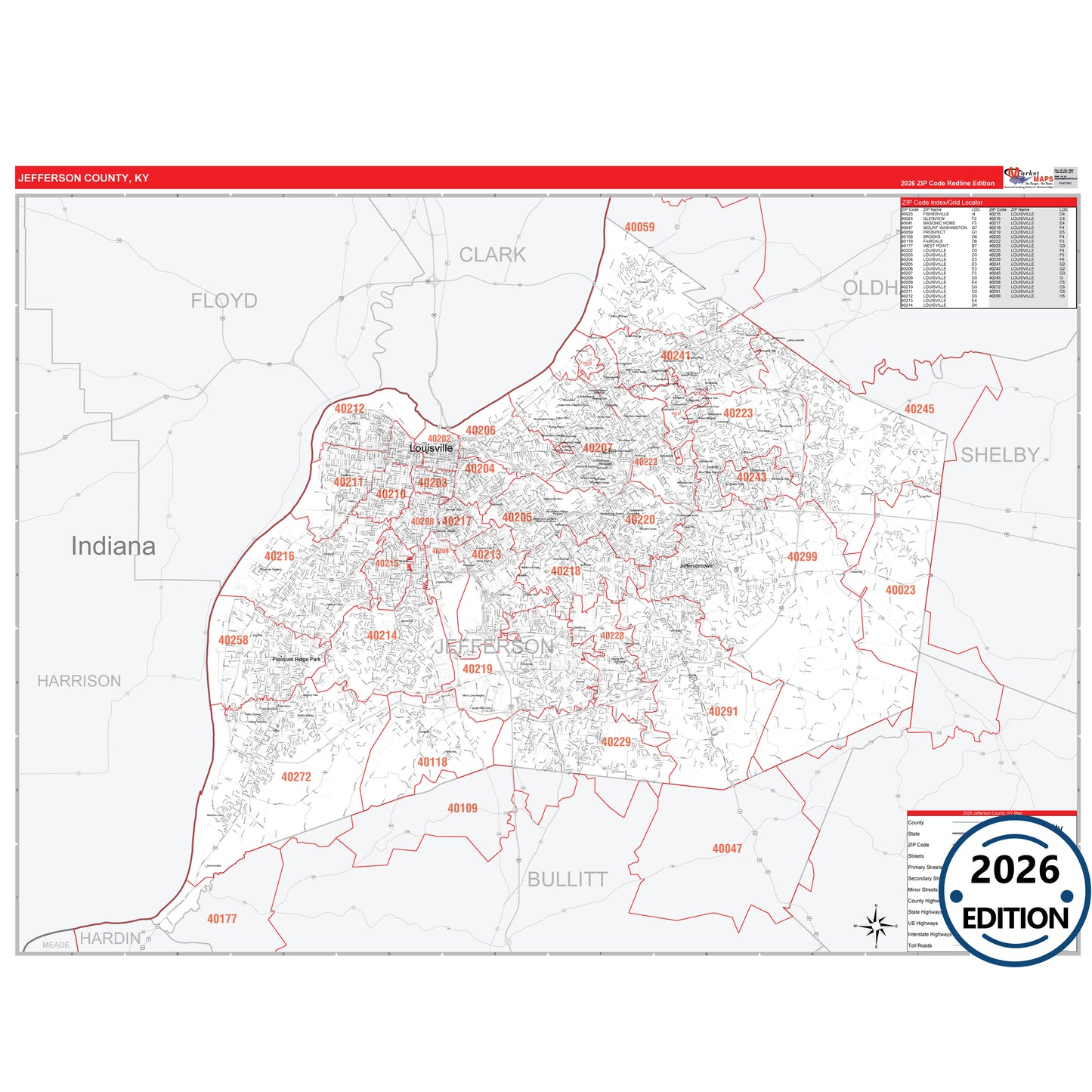 Jefferson County, KY Red Line 5 Digit ZIP Code Wall Map