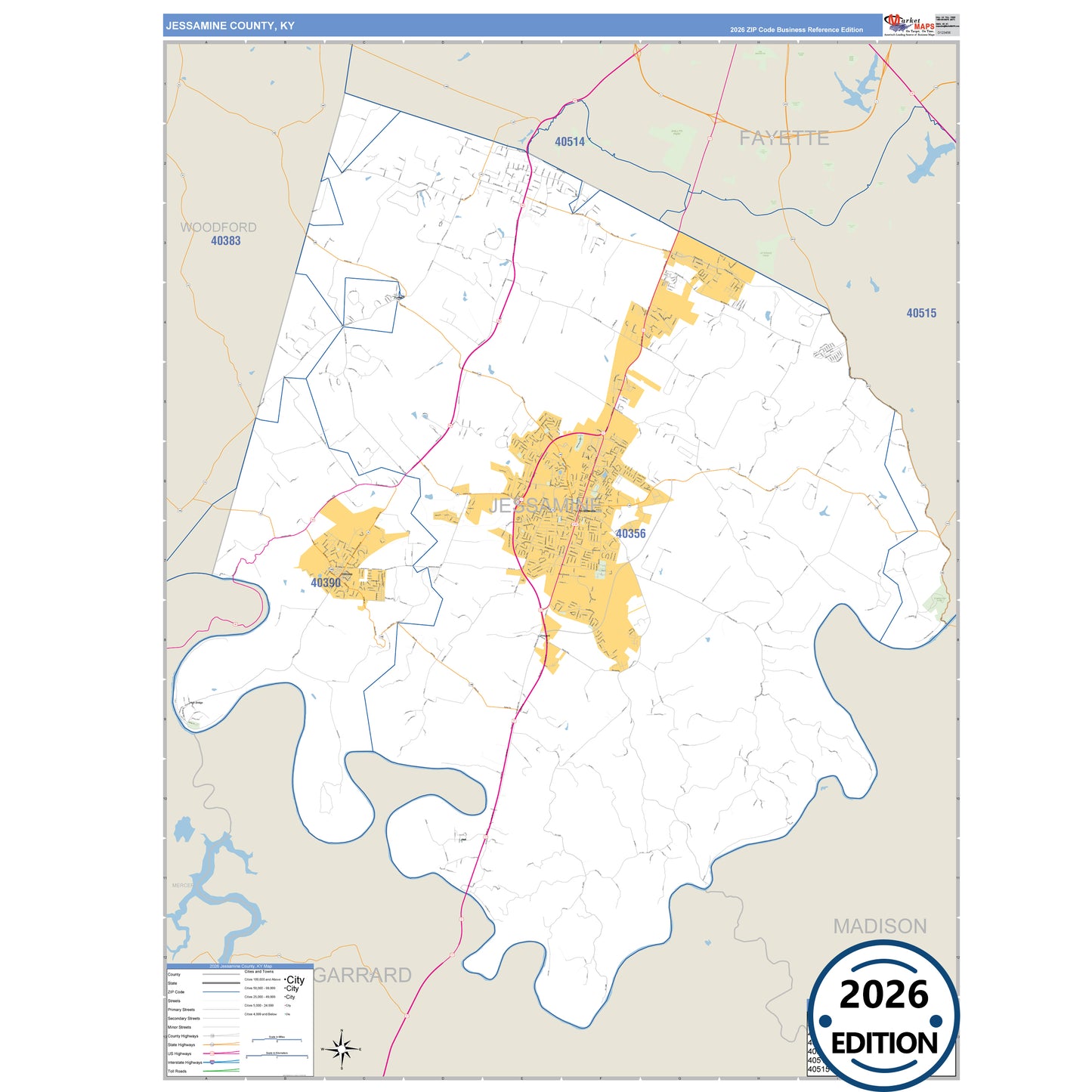 Jessamine County, KY Business Reference 5 Digit ZIP Code Wall Map