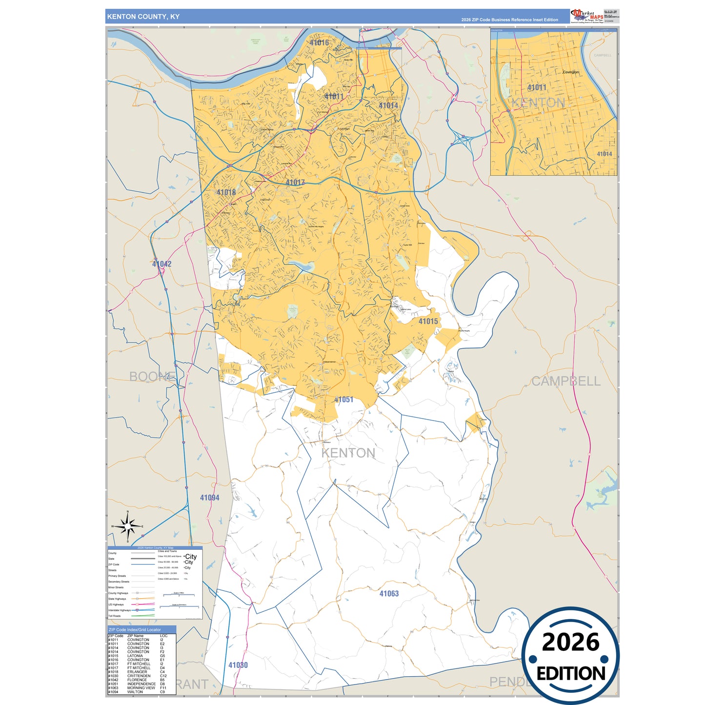 Kenton County, KY Business Reference 5 Digit ZIP Code Wall Map