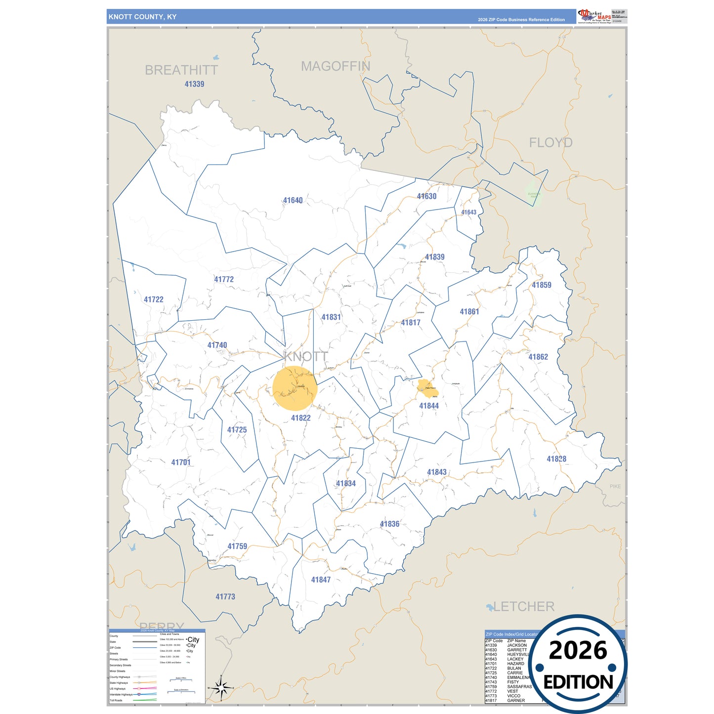 Knott County, KY Business Reference 5 Digit ZIP Code Wall Map