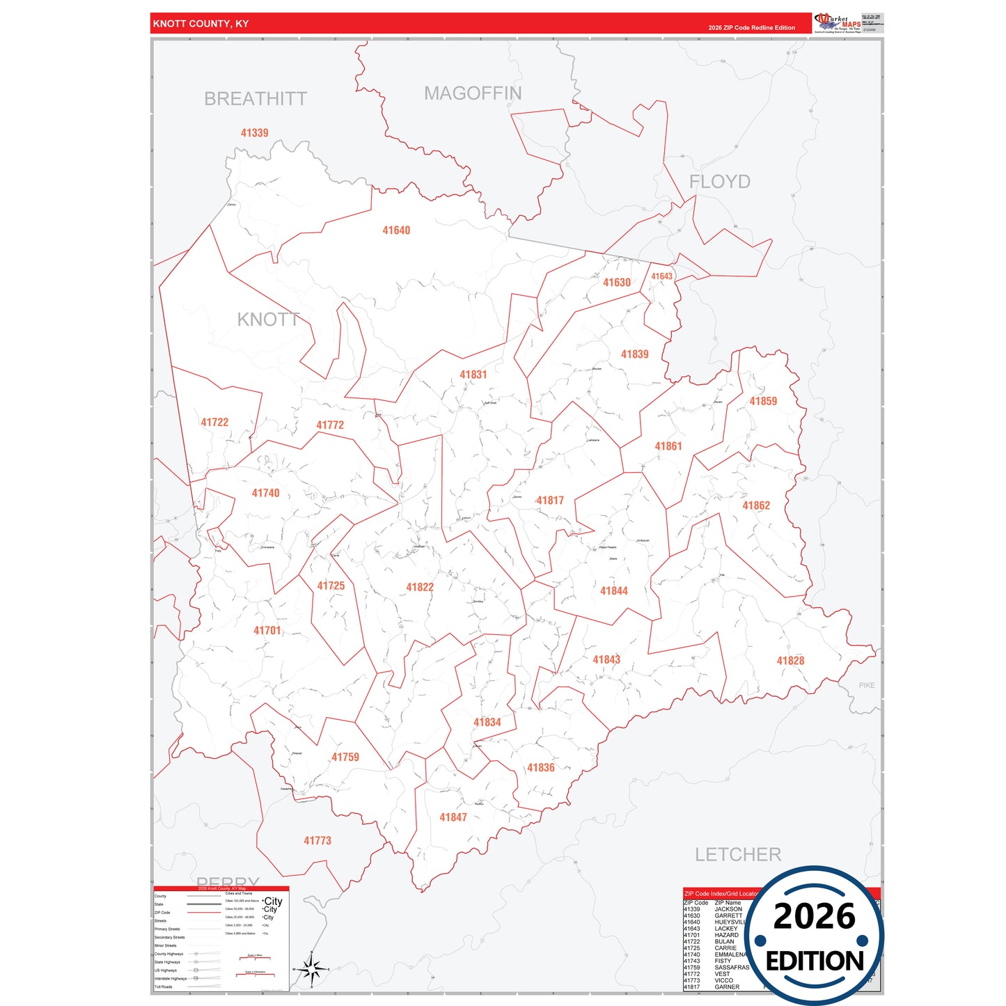 Knott County, KY Red Line 5 Digit ZIP Code Wall Map