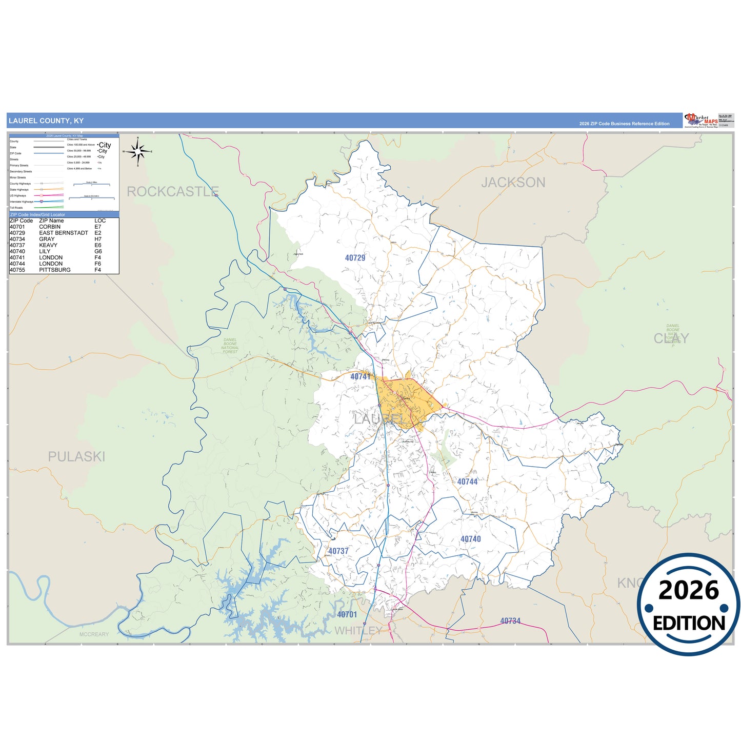 Laurel County, KY Business Reference 5 Digit ZIP Code Wall Map