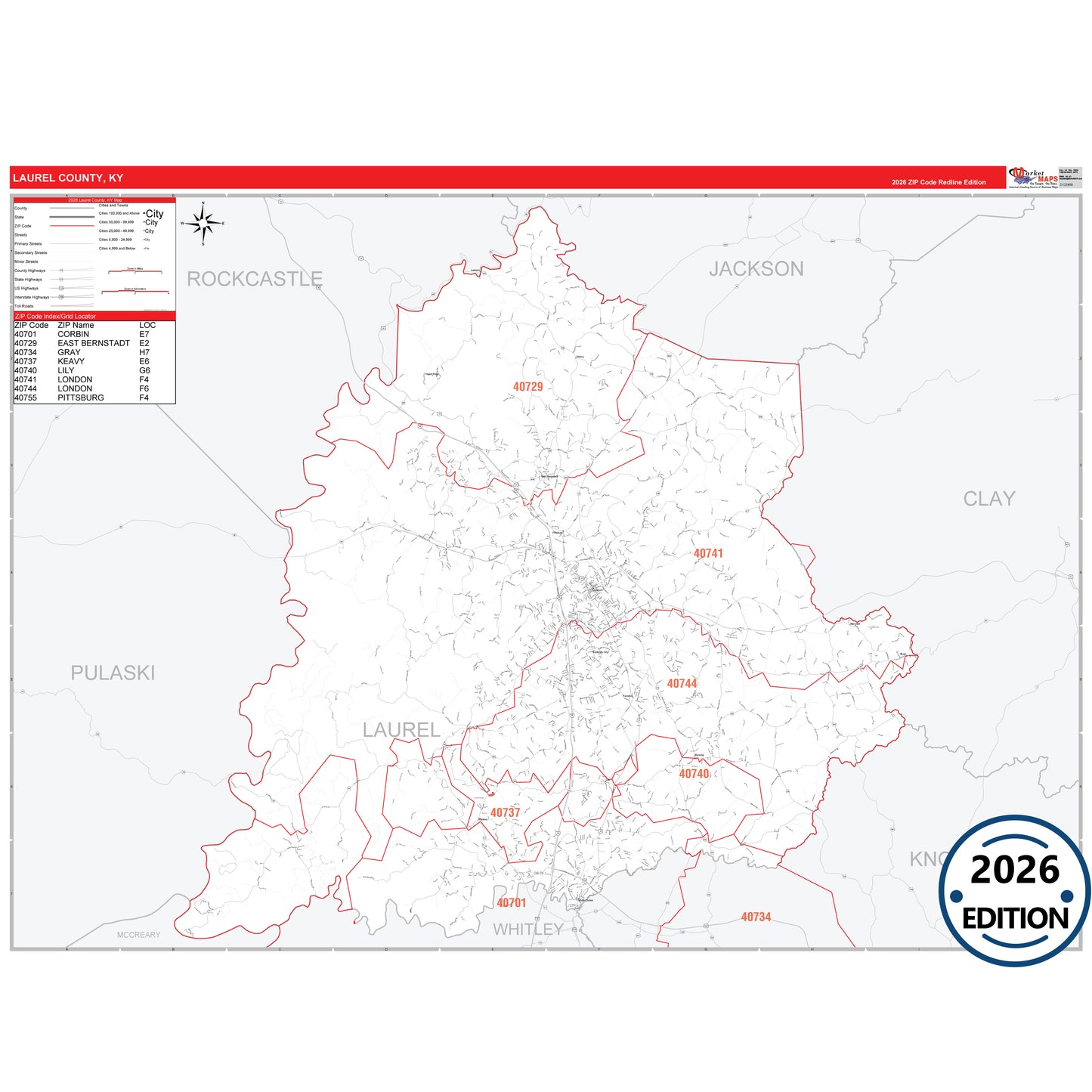 Laurel County, KY Red Line 5 Digit ZIP Code Wall Map