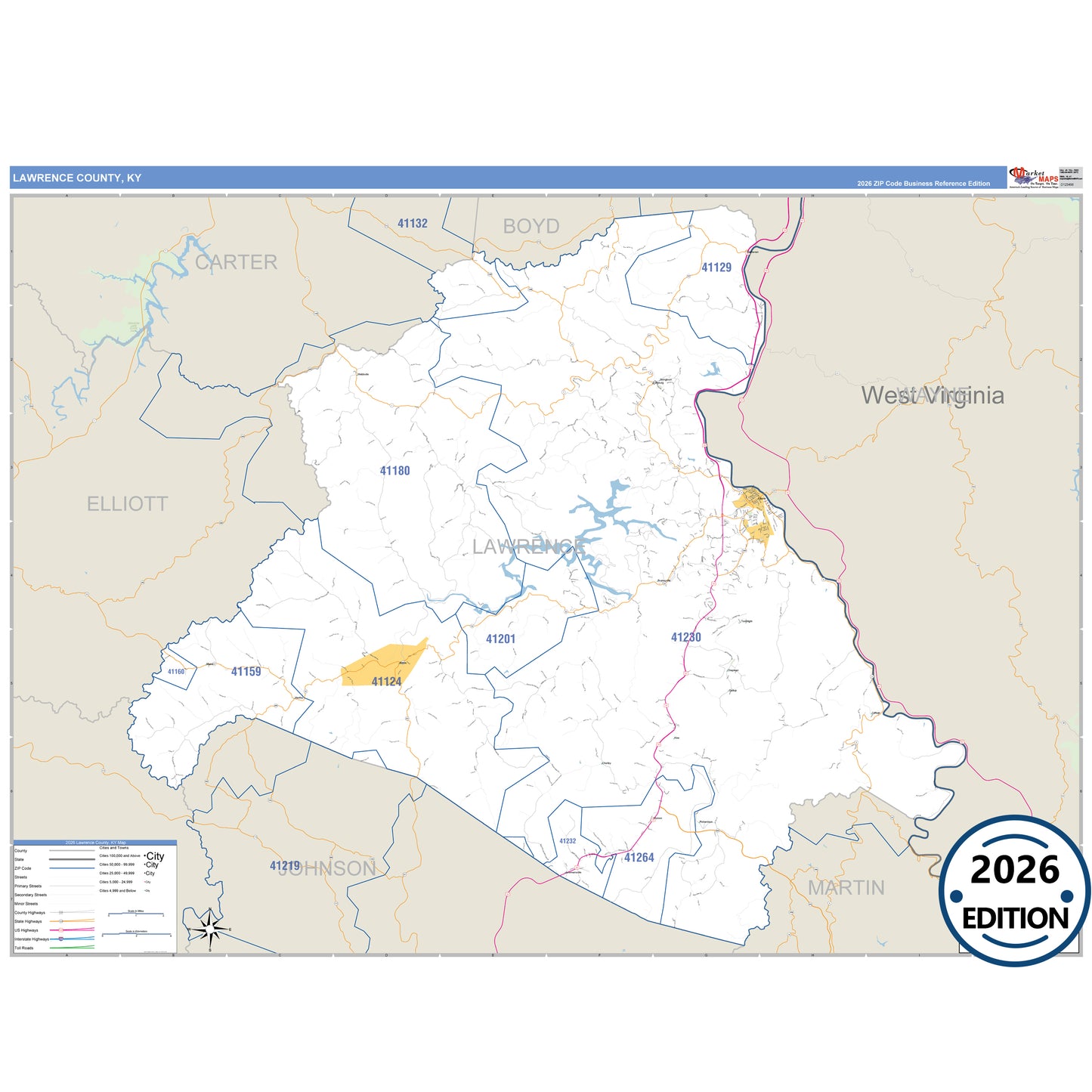 Lawrence County, KY Business Reference 5 Digit ZIP Code Wall Map