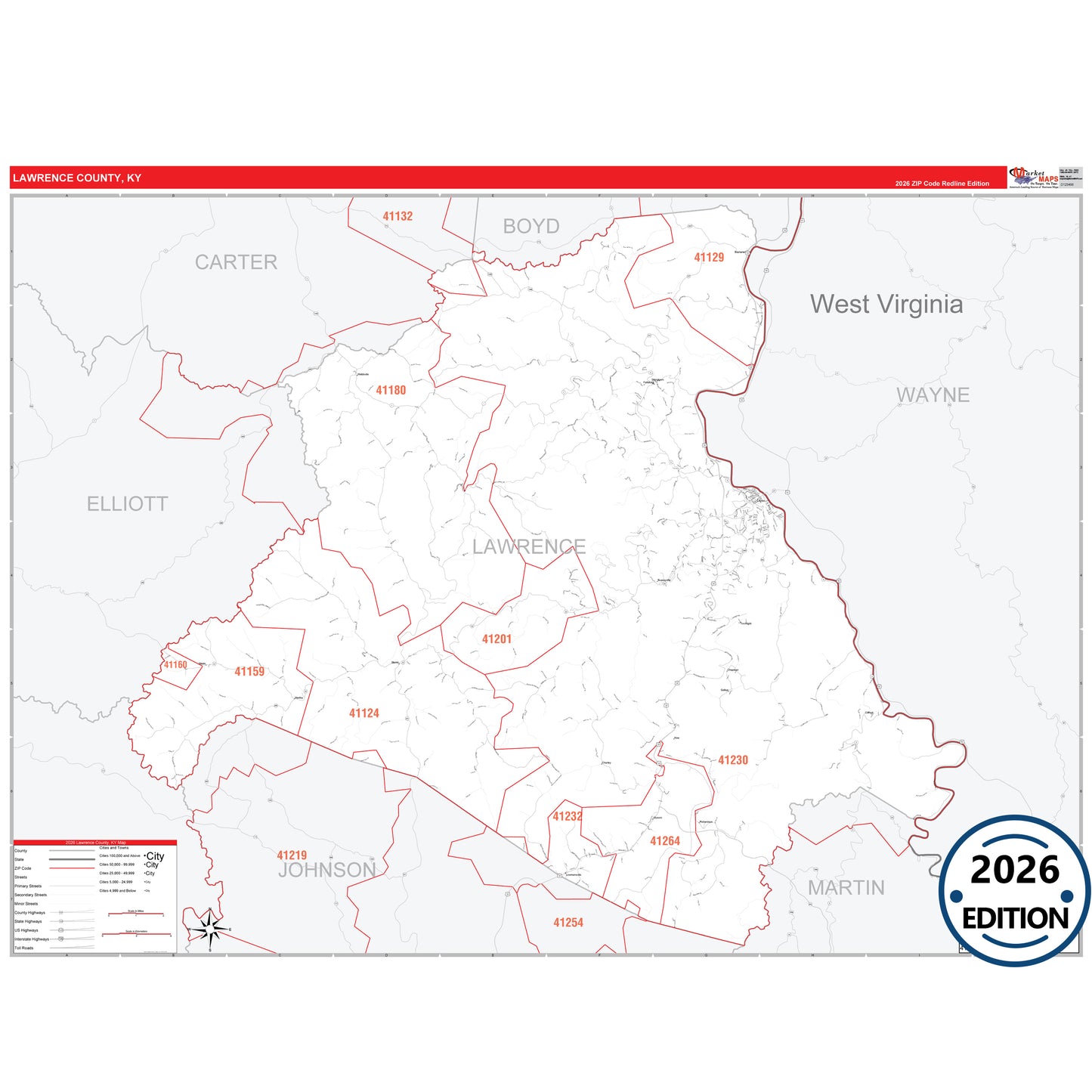 Lawrence County, KY Red Line 5 Digit ZIP Code Wall Map