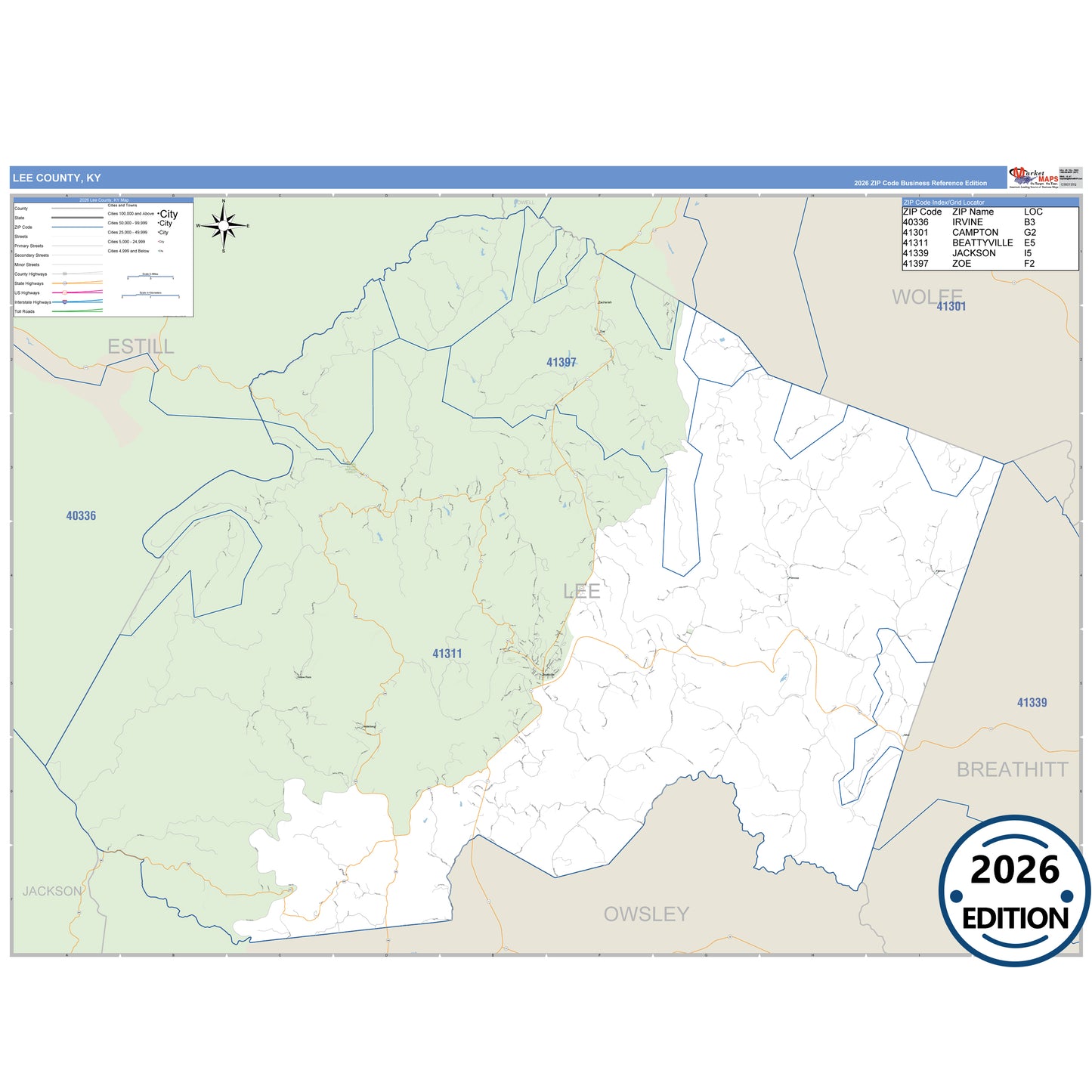Lee County, KY Business Reference 5 Digit ZIP Code Wall Map