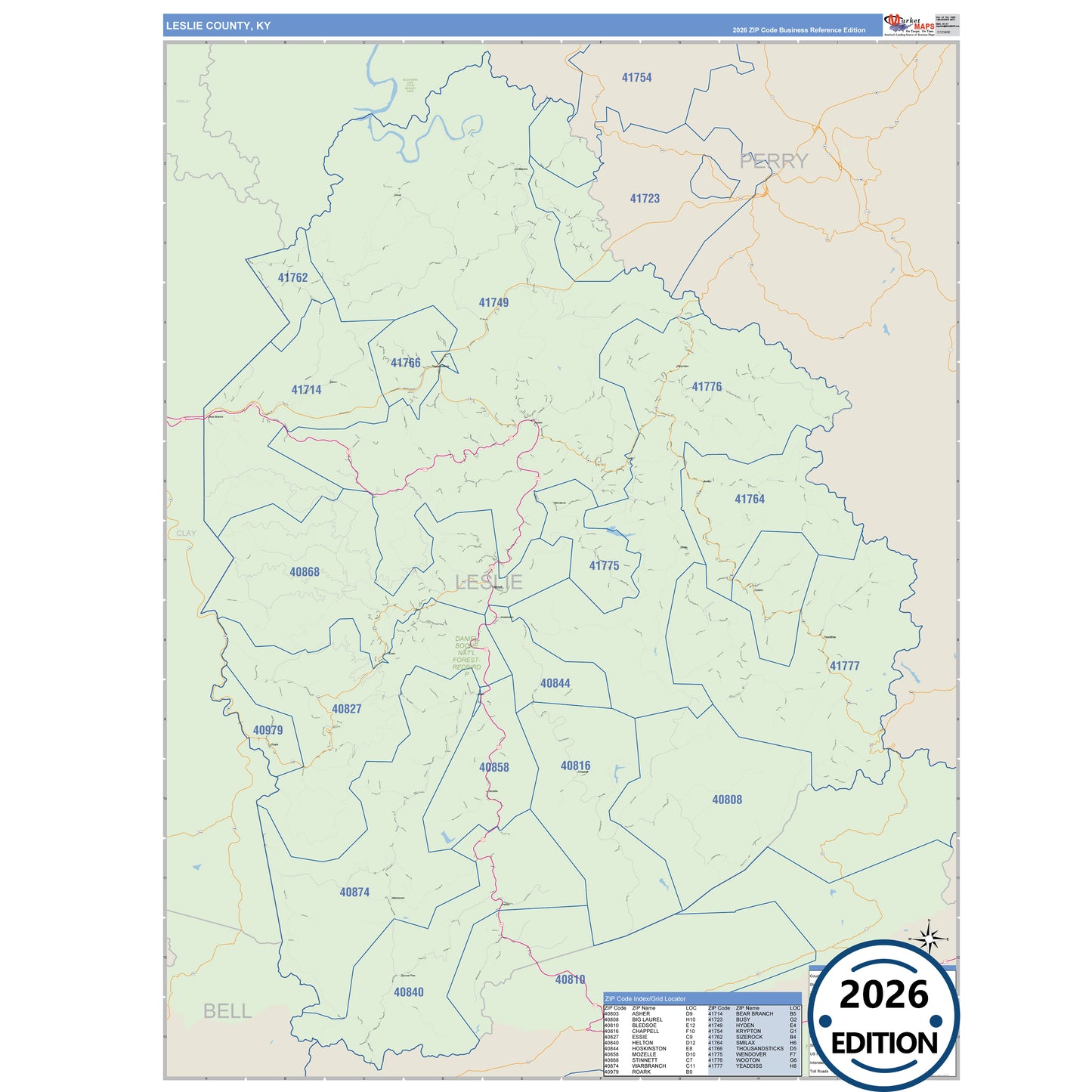 Leslie County, KY Business Reference 5 Digit ZIP Code Wall Map