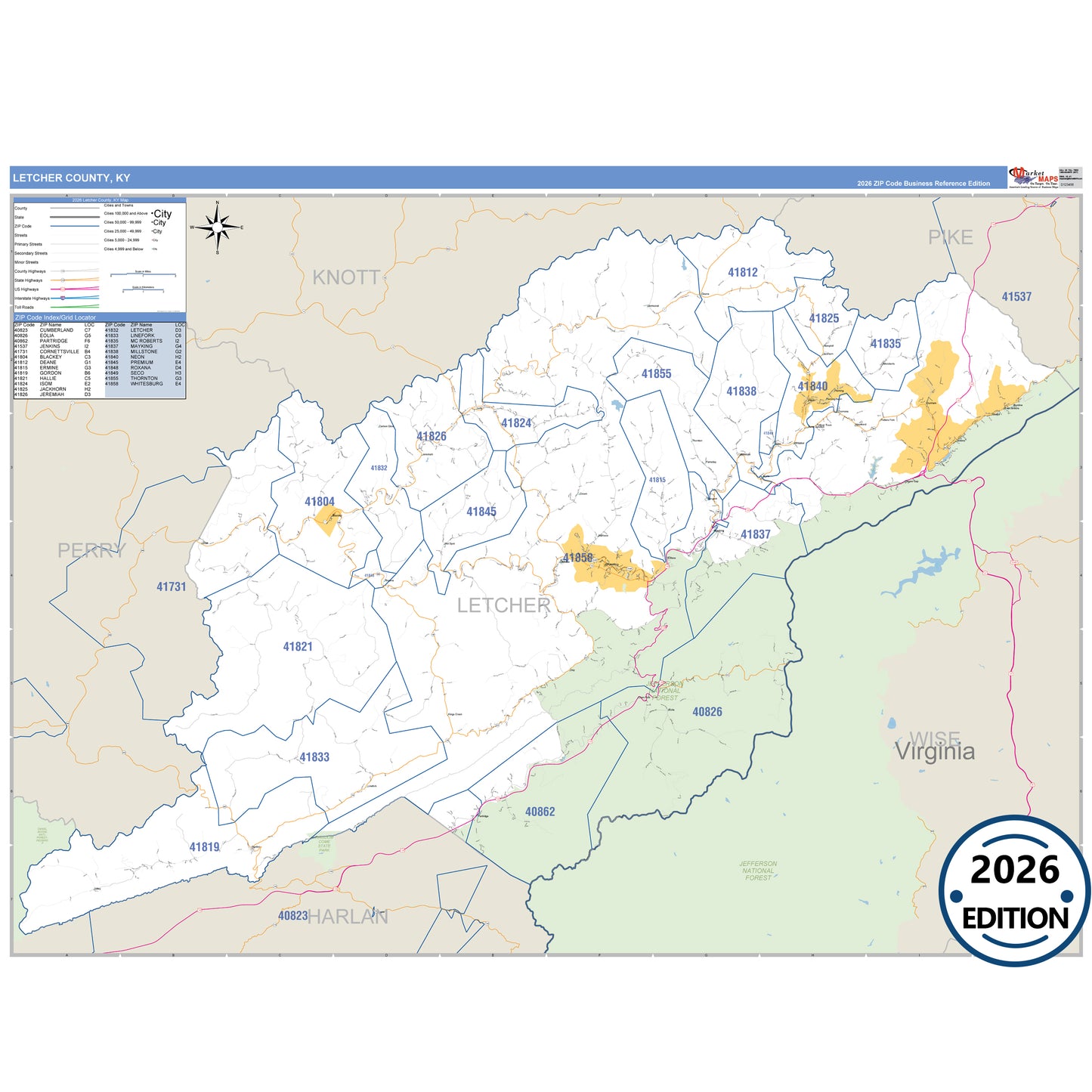 Letcher County, KY Business Reference 5 Digit ZIP Code Wall Map