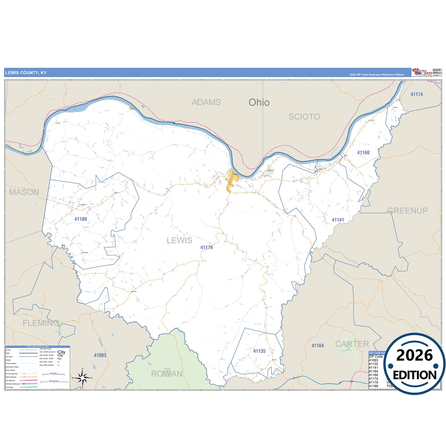 Lewis County, KY Business Reference 5 Digit ZIP Code Wall Map