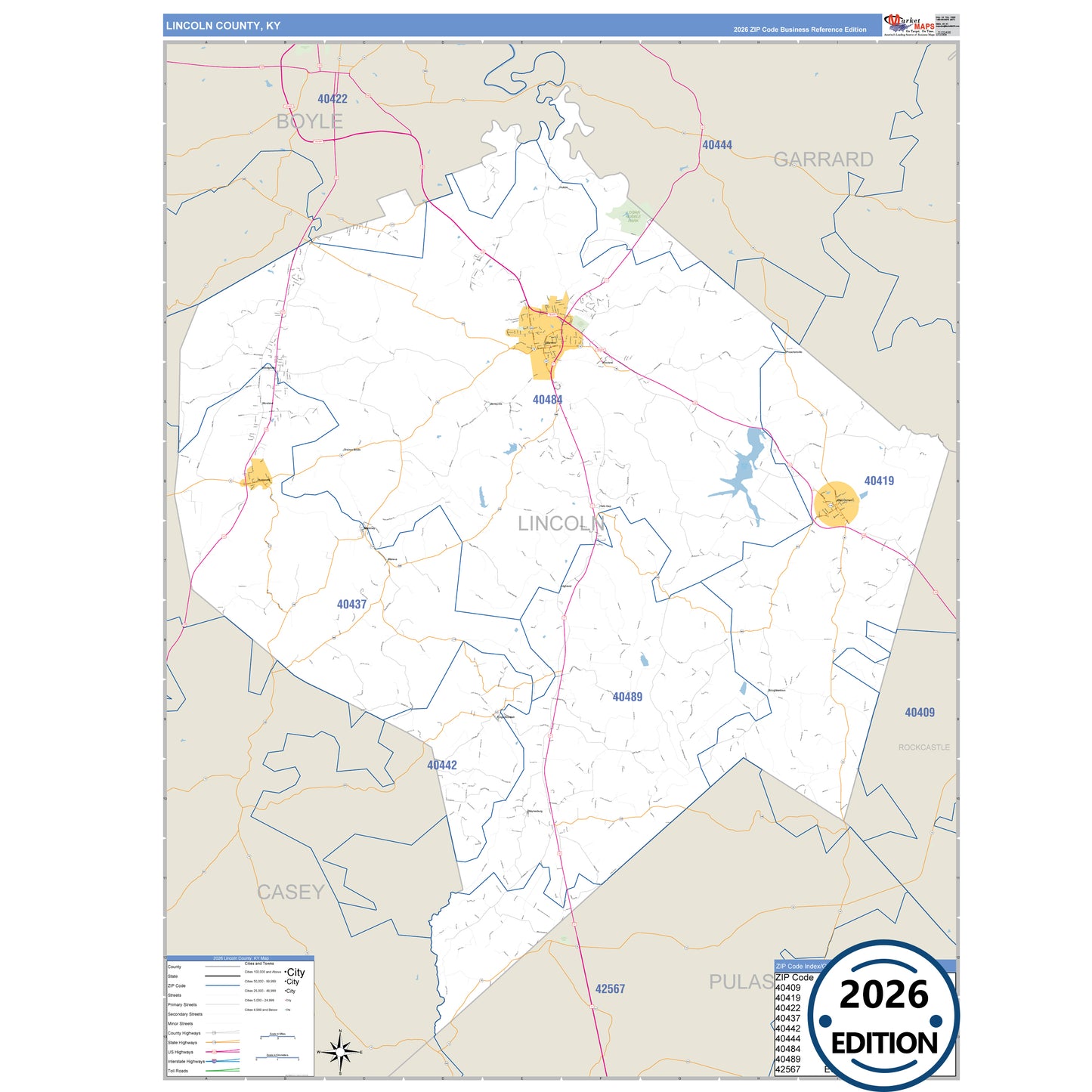 Lincoln County, KY Business Reference 5 Digit ZIP Code Wall Map