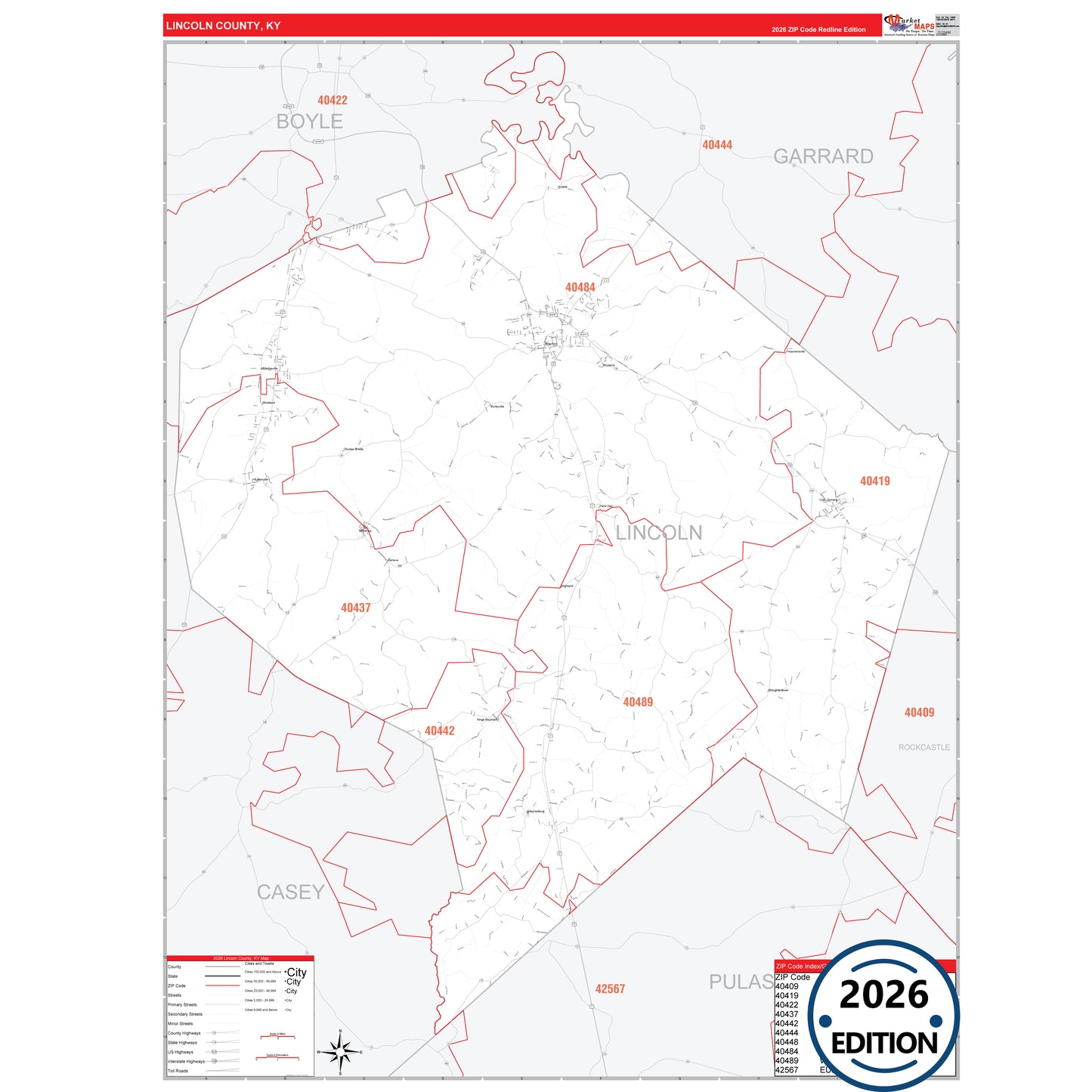 Lincoln County, KY Red Line 5 Digit ZIP Code Wall Map